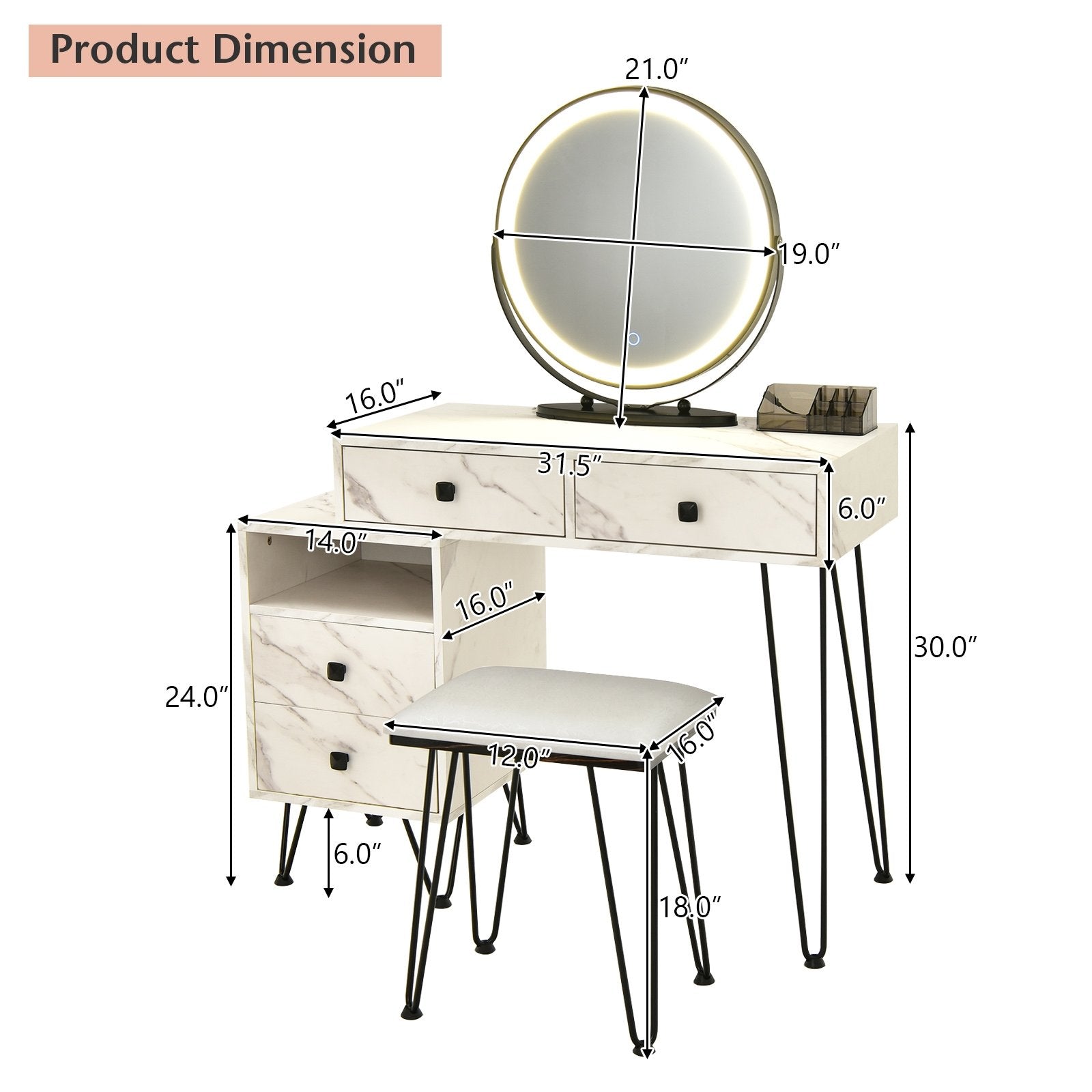 Modern Dressing Table with Storage Cabinet, White Makeup Vanities   at Gallery Canada