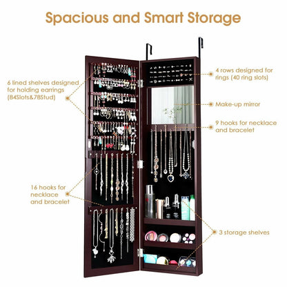 Full Length Mirror Jewelry Cabinet with Ring Slots and Necklace Hooks, Dark Brown Jewelry Armoires   at Gallery Canada