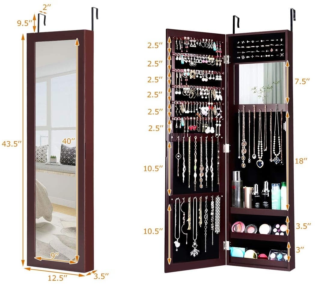 Full Length Mirror Jewelry Cabinet with Ring Slots and Necklace Hooks, Dark Brown Jewelry Armoires   at Gallery Canada