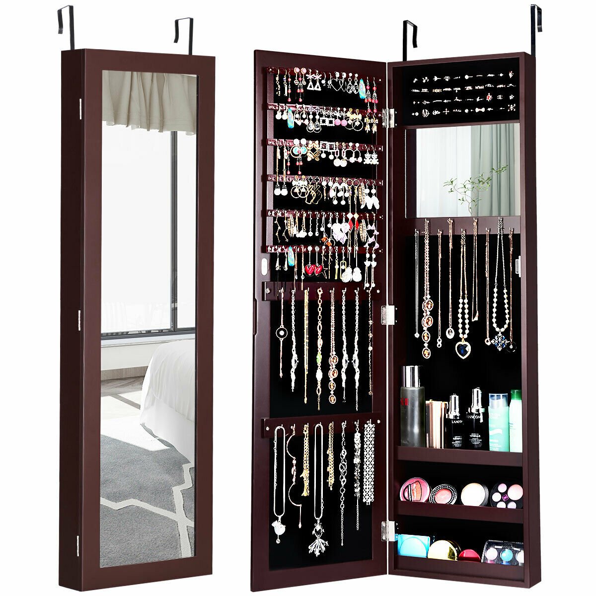 Full Length Mirror Jewelry Cabinet with Ring Slots and Necklace Hooks, Dark Brown Jewelry Armoires   at Gallery Canada