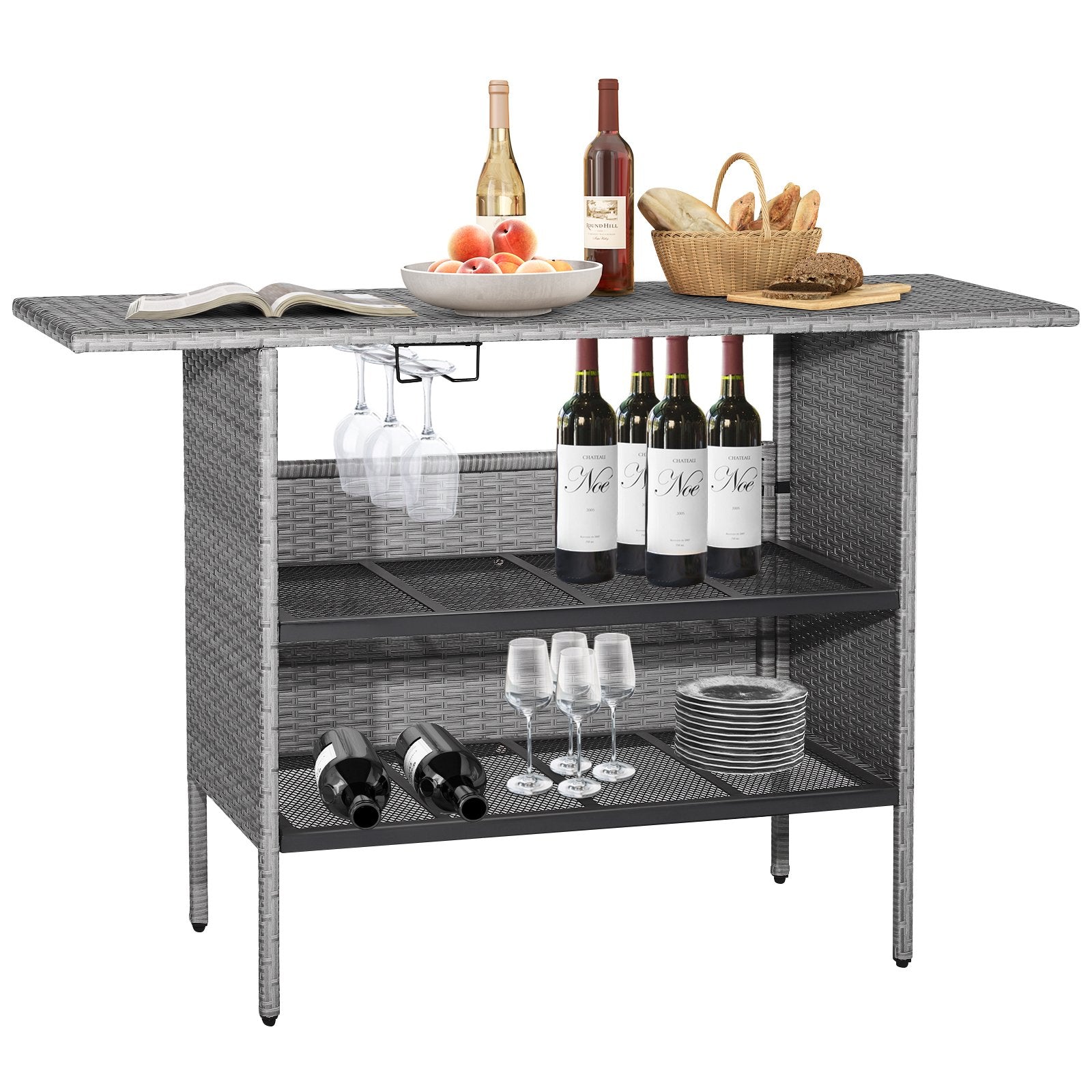 Outdoor Patio Wicker Bar Table with Metal Shelves, Gray Patio Bar Furniture   at Gallery Canada