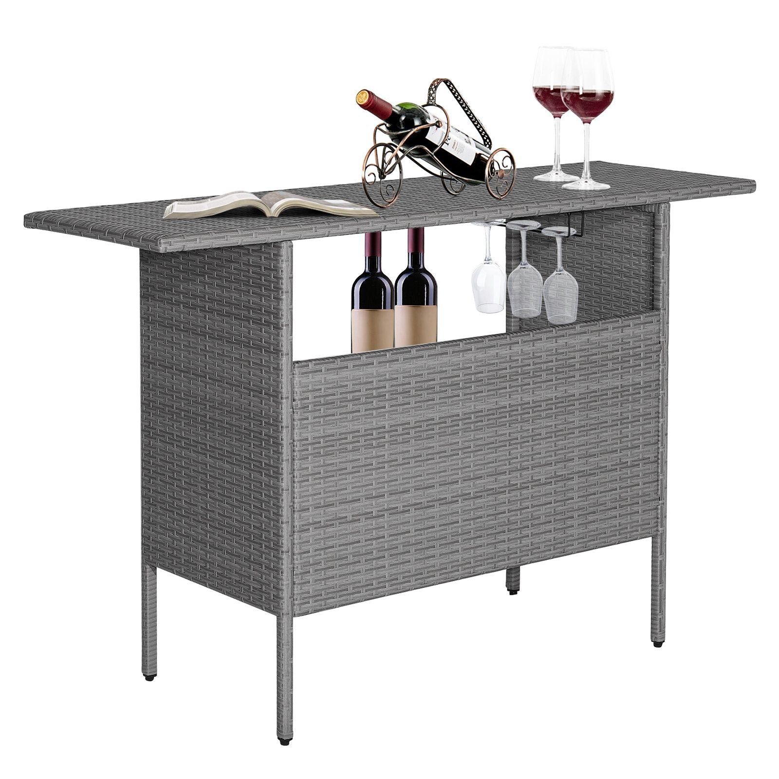 Outdoor Patio Wicker Bar Table with Metal Shelves, Gray Patio Bar Furniture   at Gallery Canada