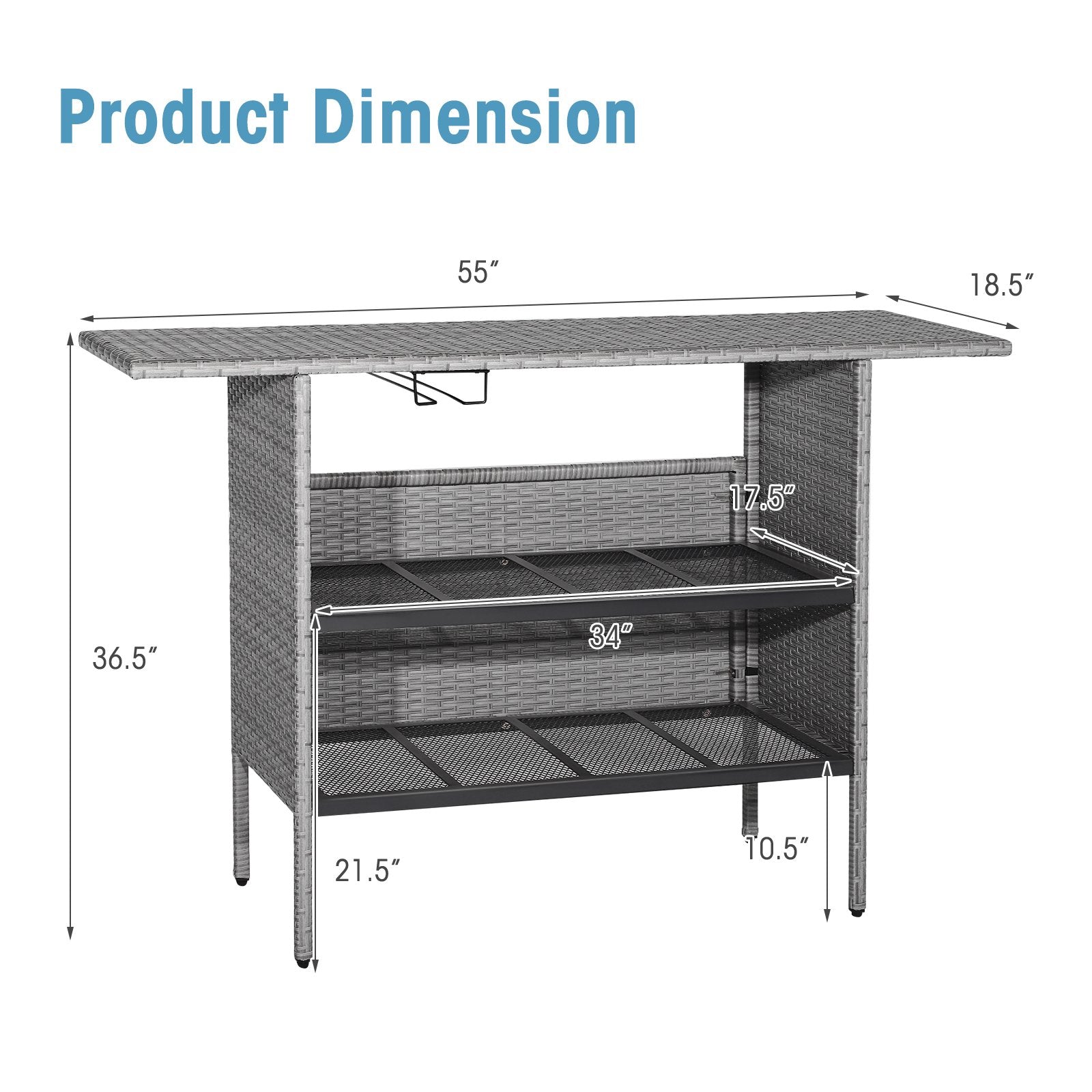 Outdoor Patio Wicker Bar Table with Metal Shelves, Gray Patio Bar Furniture   at Gallery Canada