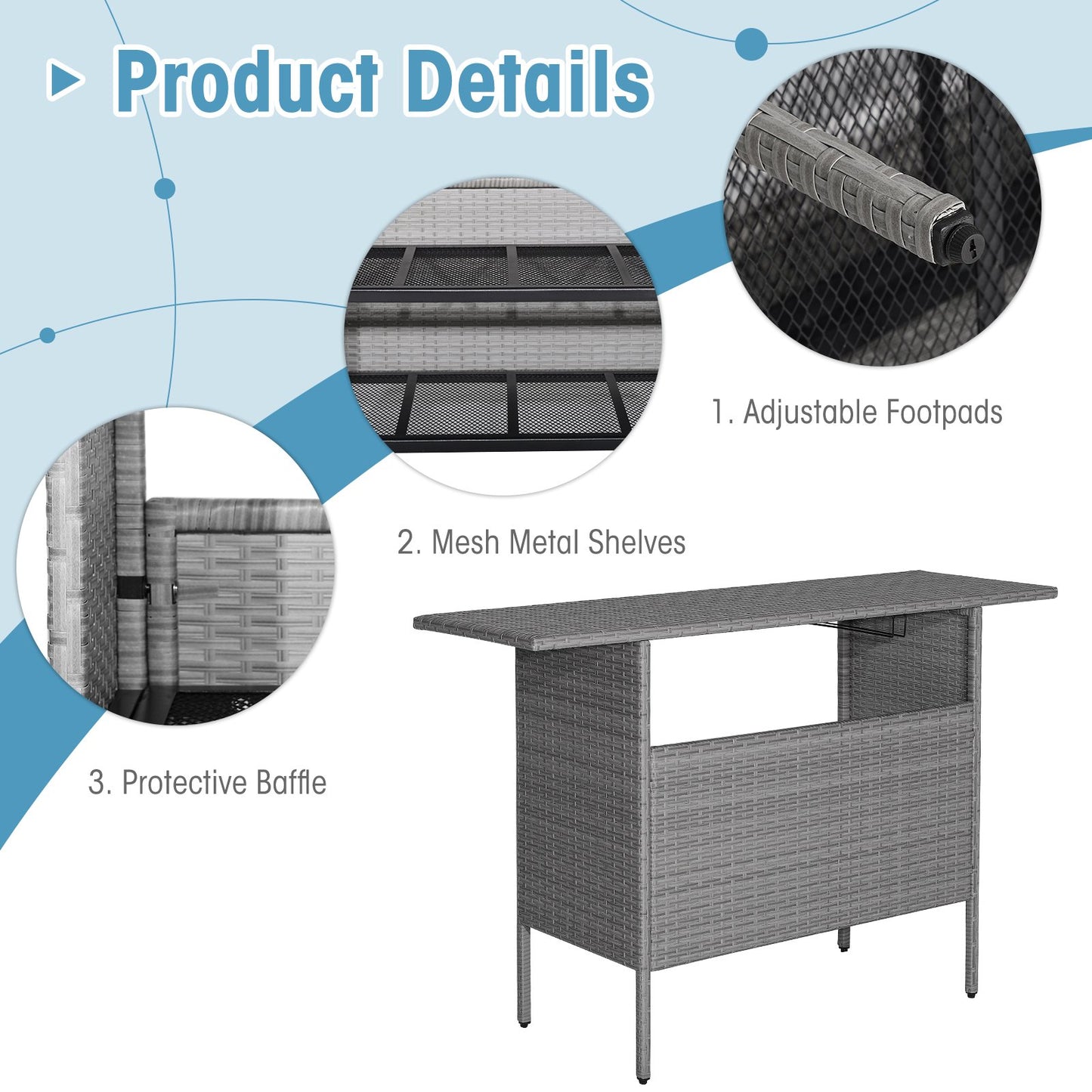 Outdoor Patio Wicker Bar Table with Metal Shelves, Gray Patio Bar Furniture   at Gallery Canada