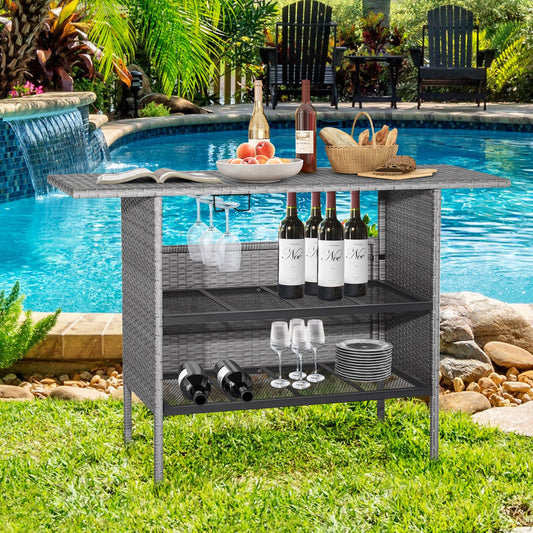 Outdoor Patio Wicker Bar Table with Metal Shelves, Gray Patio Bar Furniture   at Gallery Canada