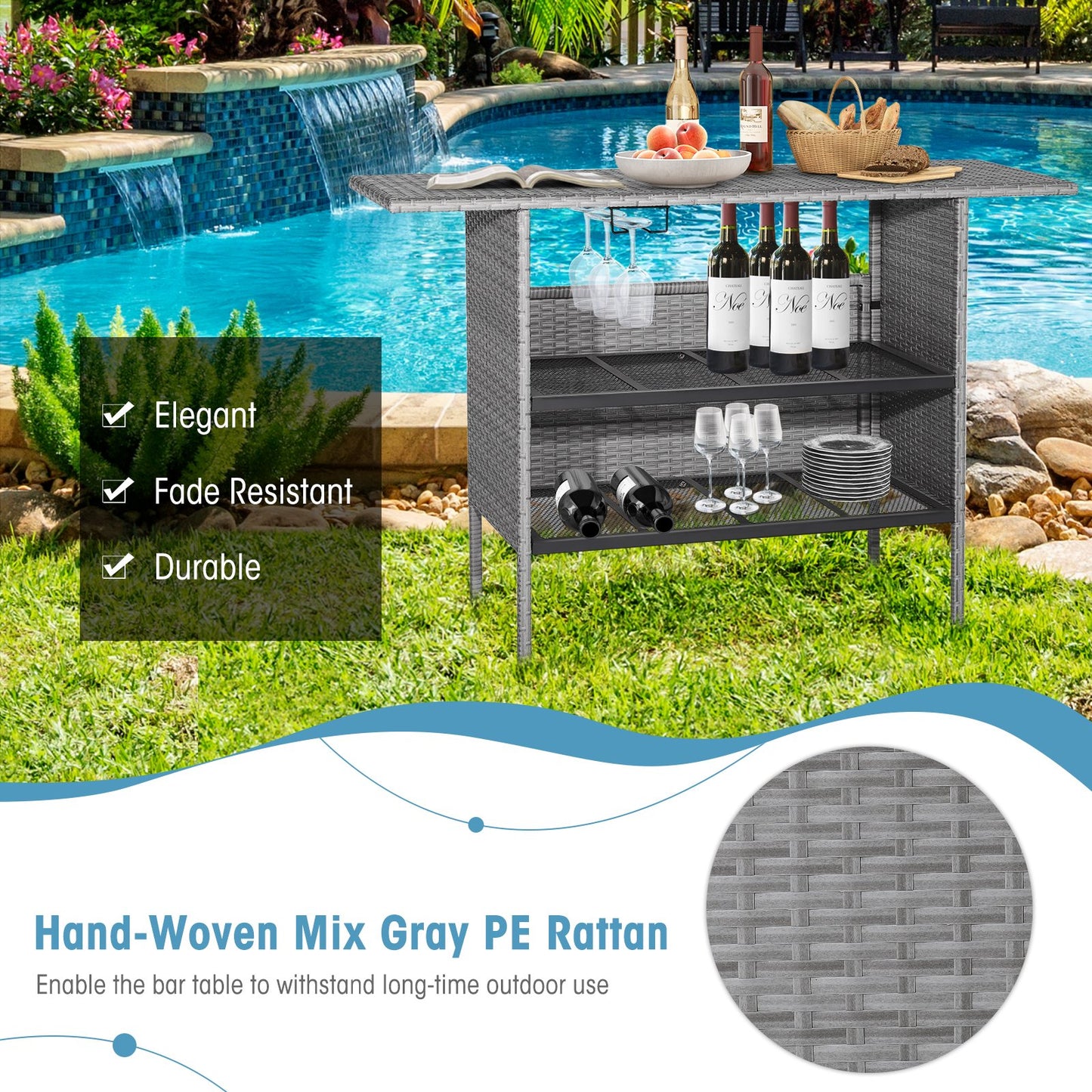 Outdoor Patio Wicker Bar Table with Metal Shelves, Gray Patio Bar Furniture   at Gallery Canada