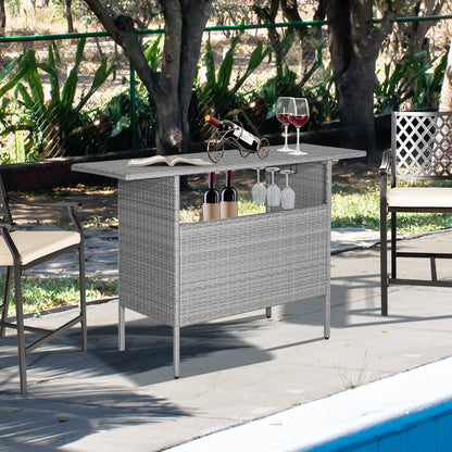 Outdoor Patio Wicker Bar Table with Metal Shelves, Gray Patio Bar Furniture   at Gallery Canada