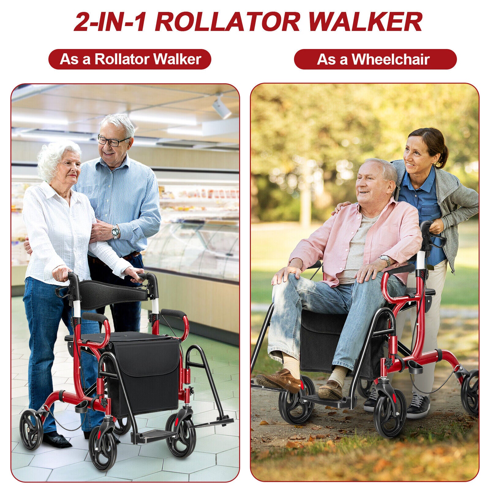 Folding Rollator Walker with 8-inch Wheels and Seat, Red Walkers & Rollators   at Gallery Canada