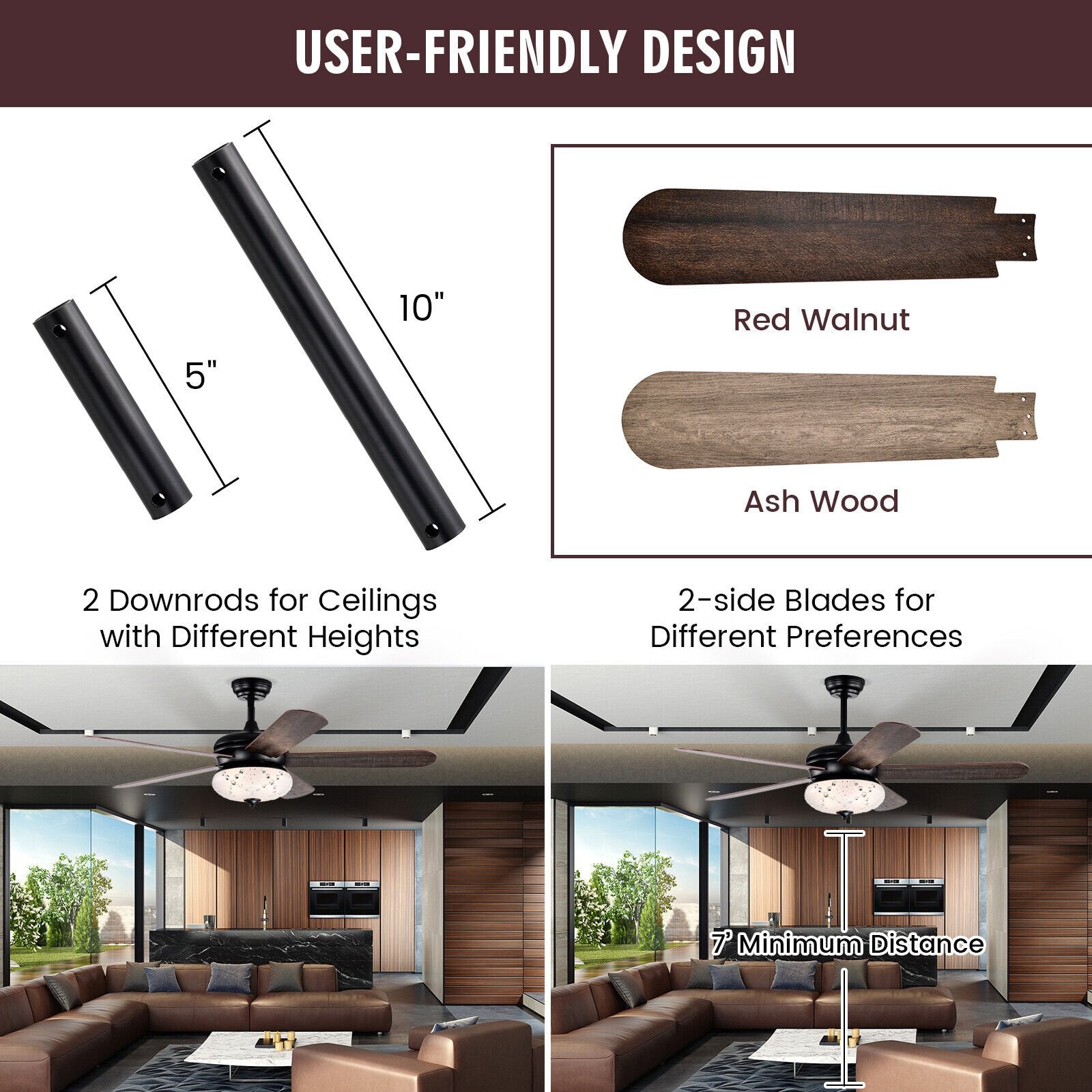 52 Inches Ceiling Fan with Remote Control, Walnut Ceiling Fans   at Gallery Canada