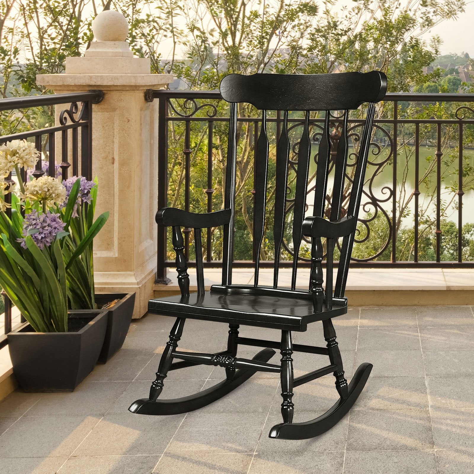 Solid Wood Porch Glossy Finish Rocking Chair, Black Patio Rocking Chairs & Gliders   at Gallery Canada