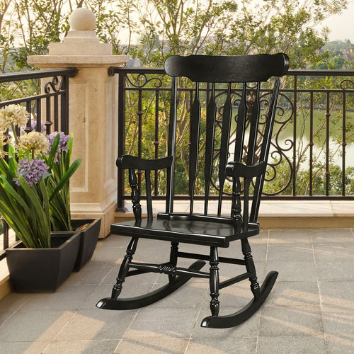 Solid Wood Porch Glossy Finish Rocking Chair, Black