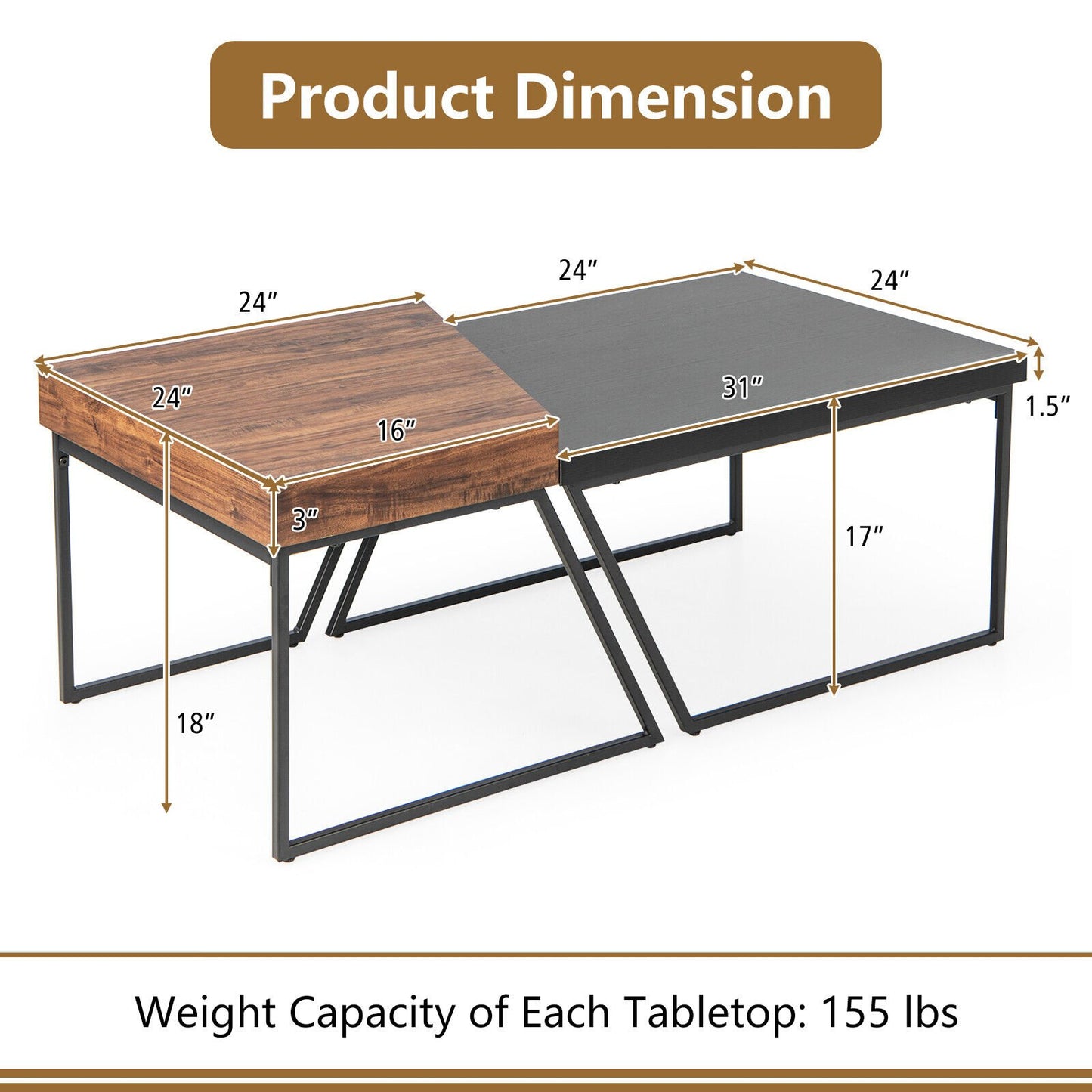 Coffee Table Set of 2 with Powder Coated Metal Legs, Black - Gallery Canada