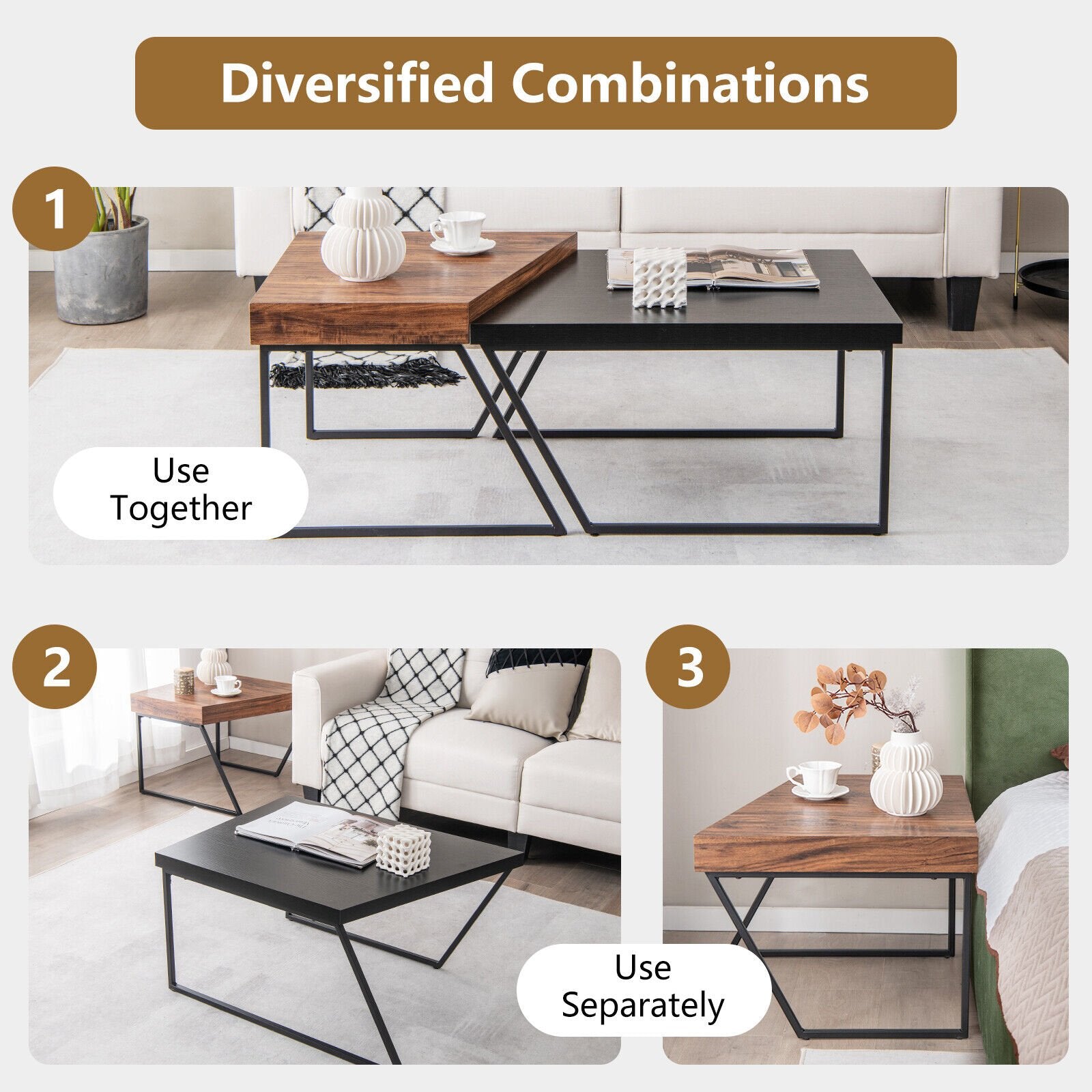 Coffee Table Set of 2 with Powder Coated Metal Legs, Black Coffee Tables   at Gallery Canada