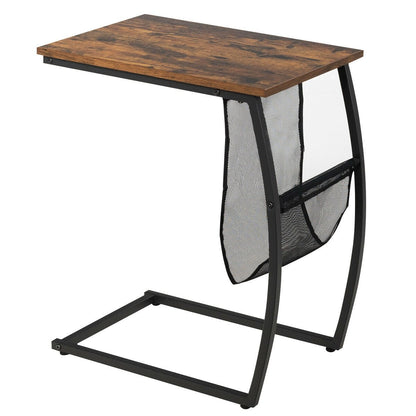 C-shaped Vintage End Table with Side Pocket and Metal Frame, Rustic Brown - Gallery Canada