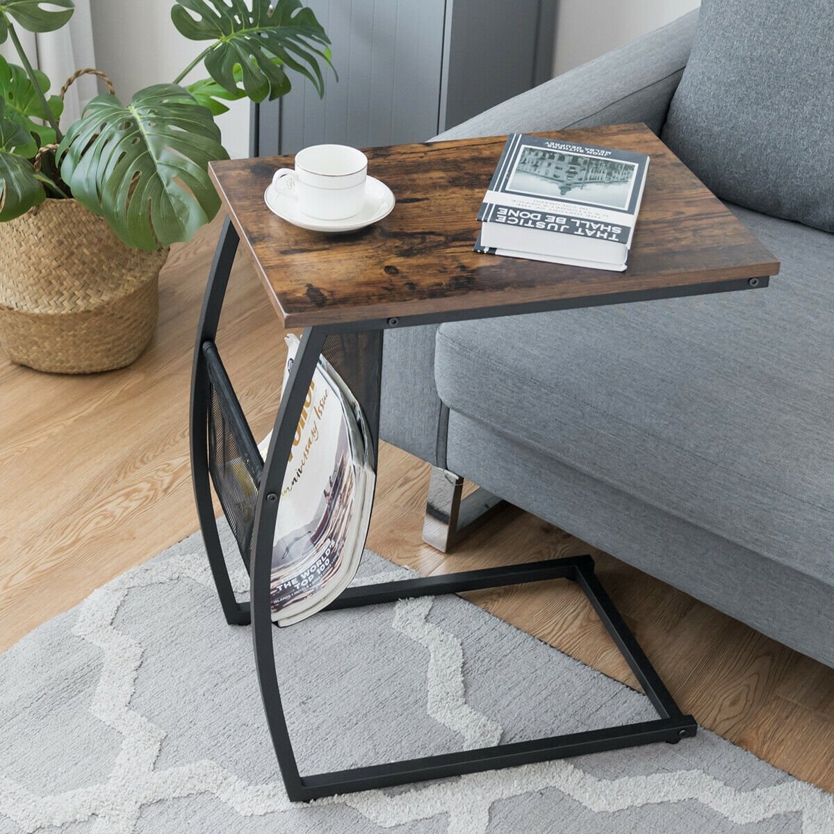 C-shaped Vintage End Table with Side Pocket and Metal Frame, Rustic Brown - Gallery Canada