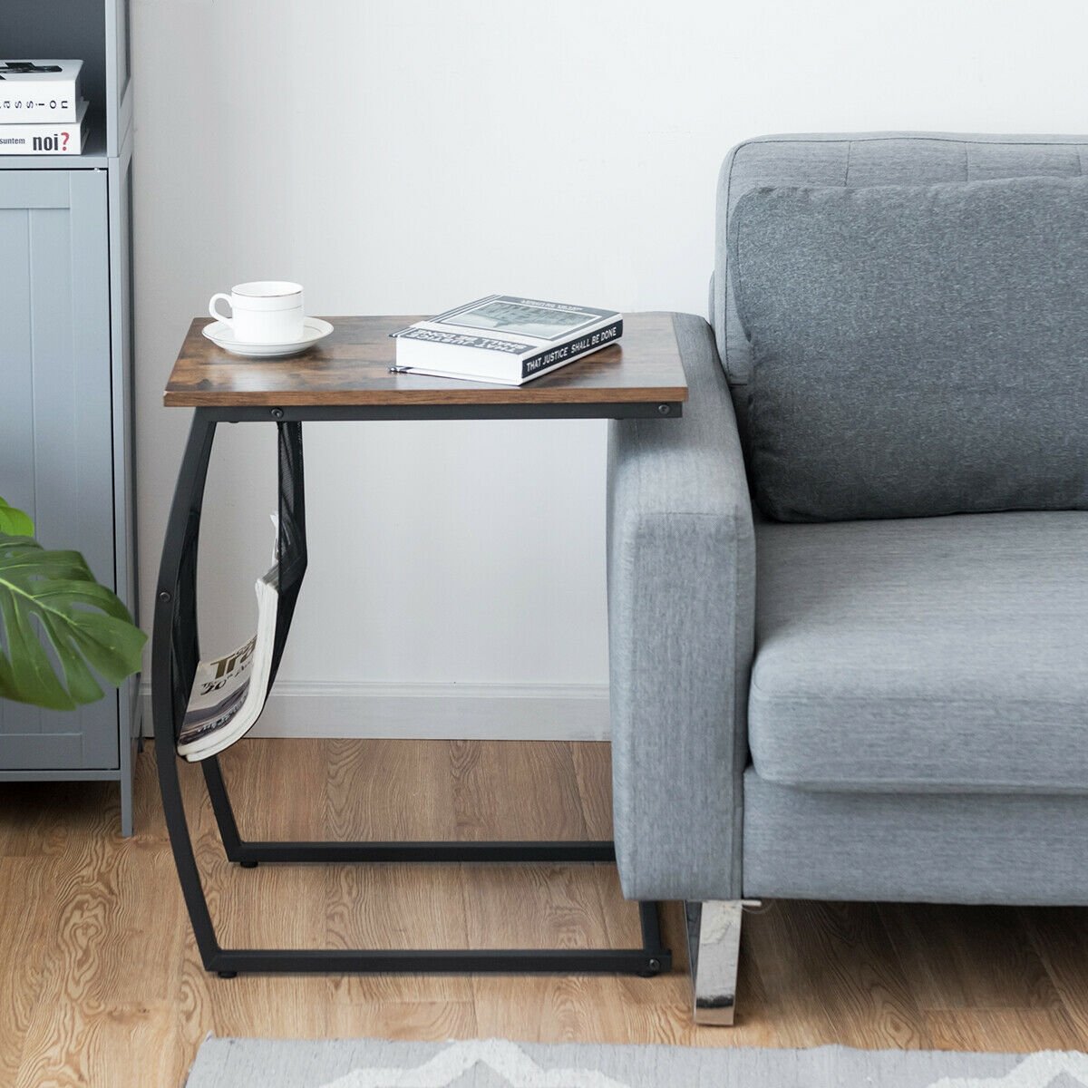 C-shaped Vintage End Table with Side Pocket and Metal Frame, Rustic Brown - Gallery Canada