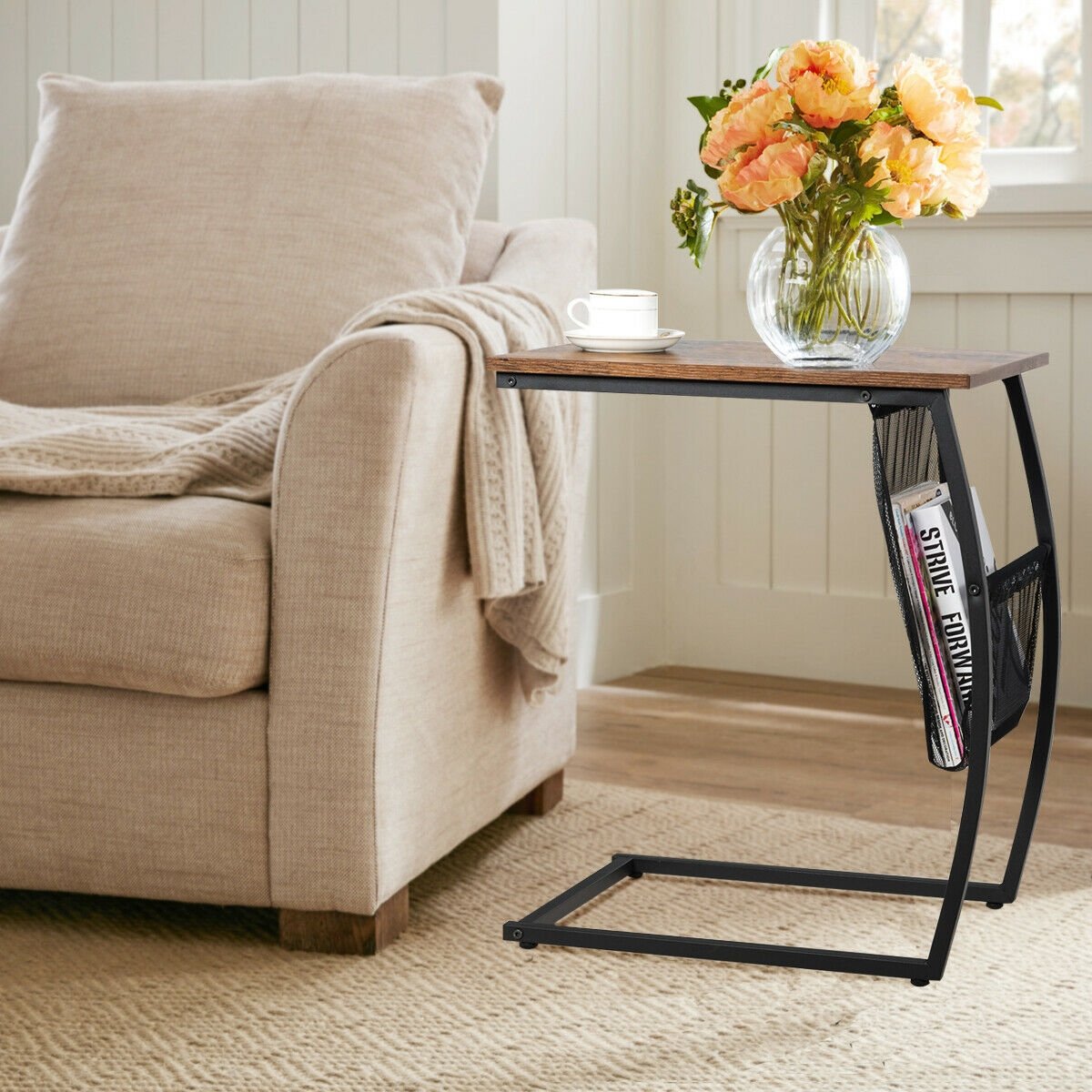 C-shaped Vintage End Table with Side Pocket and Metal Frame, Rustic Brown - Gallery Canada