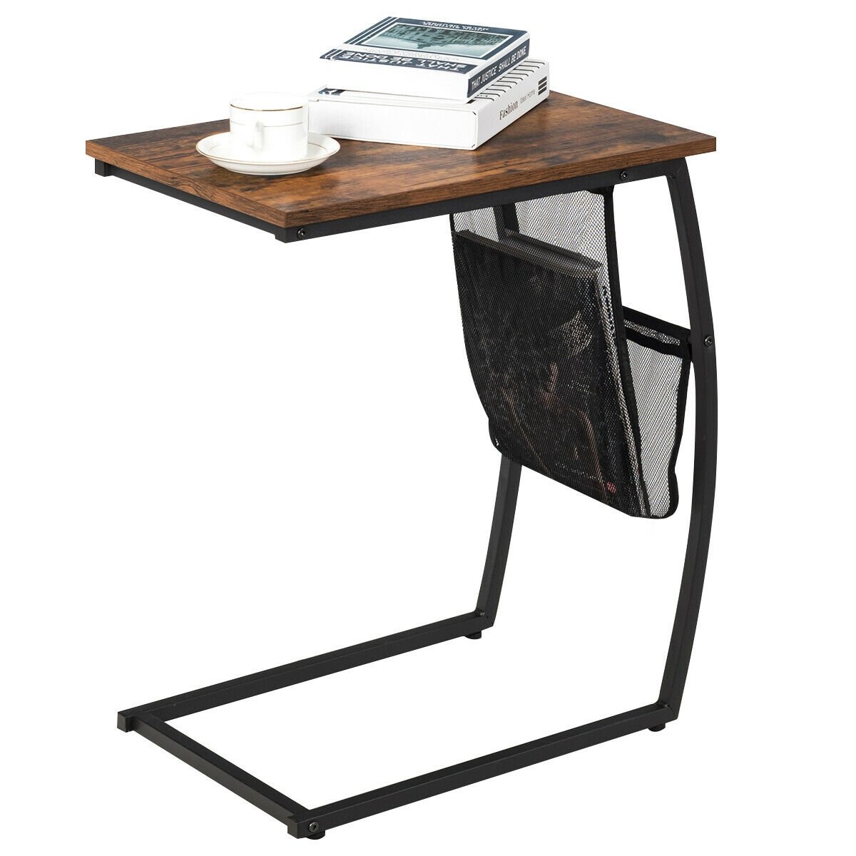 C-shaped Vintage End Table with Side Pocket and Metal Frame, Rustic Brown - Gallery Canada