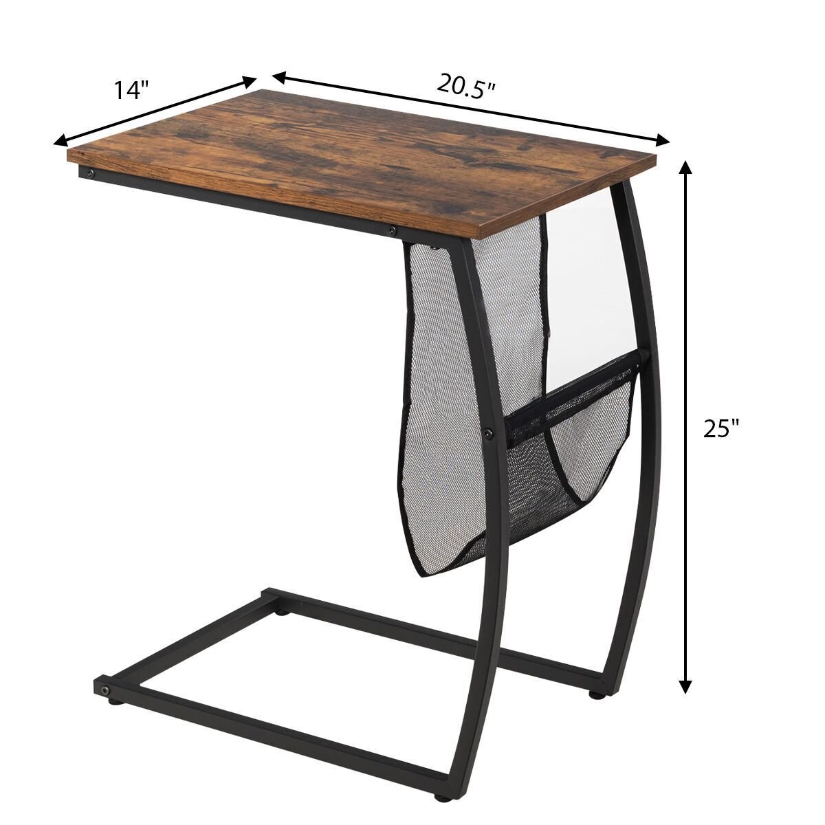 C-shaped Vintage End Table with Side Pocket and Metal Frame, Rustic Brown - Gallery Canada