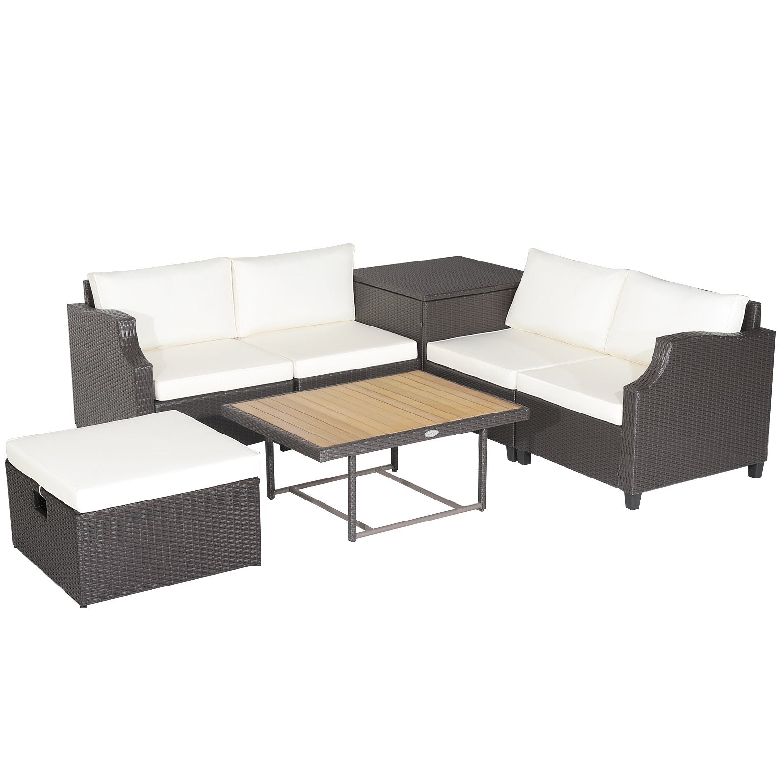 7 Pieces Hand-Woven Wicker Outdoor Furniture Set with Acacia Wood Coffee Table, White Outdoor Sectionals   at Gallery Canada