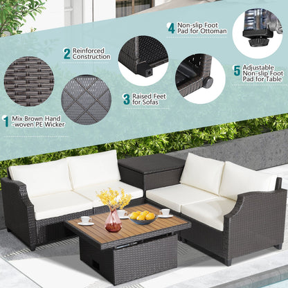 7 Pieces Hand-Woven Wicker Outdoor Furniture Set with Acacia Wood Coffee Table, White Outdoor Sectionals   at Gallery Canada