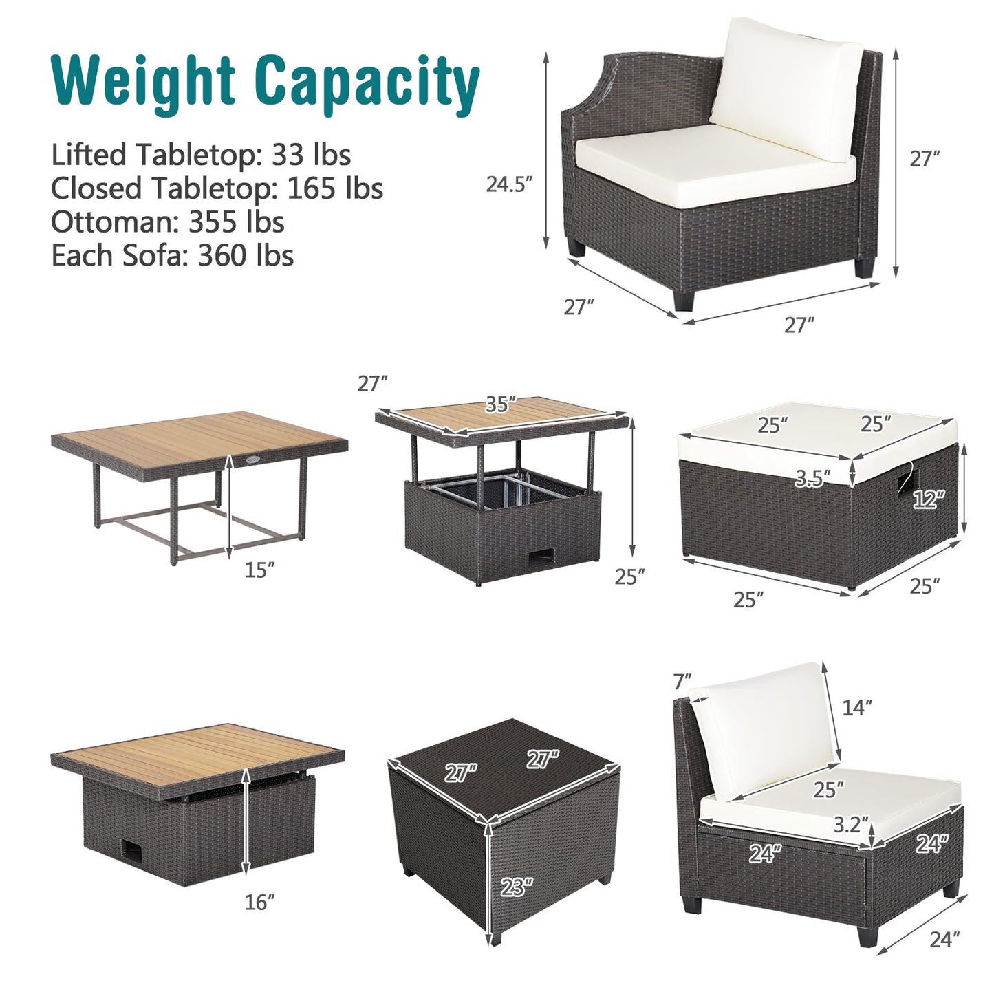 7 Pieces Hand-Woven Wicker Outdoor Furniture Set with Acacia Wood Coffee Table, White Outdoor Sectionals   at Gallery Canada