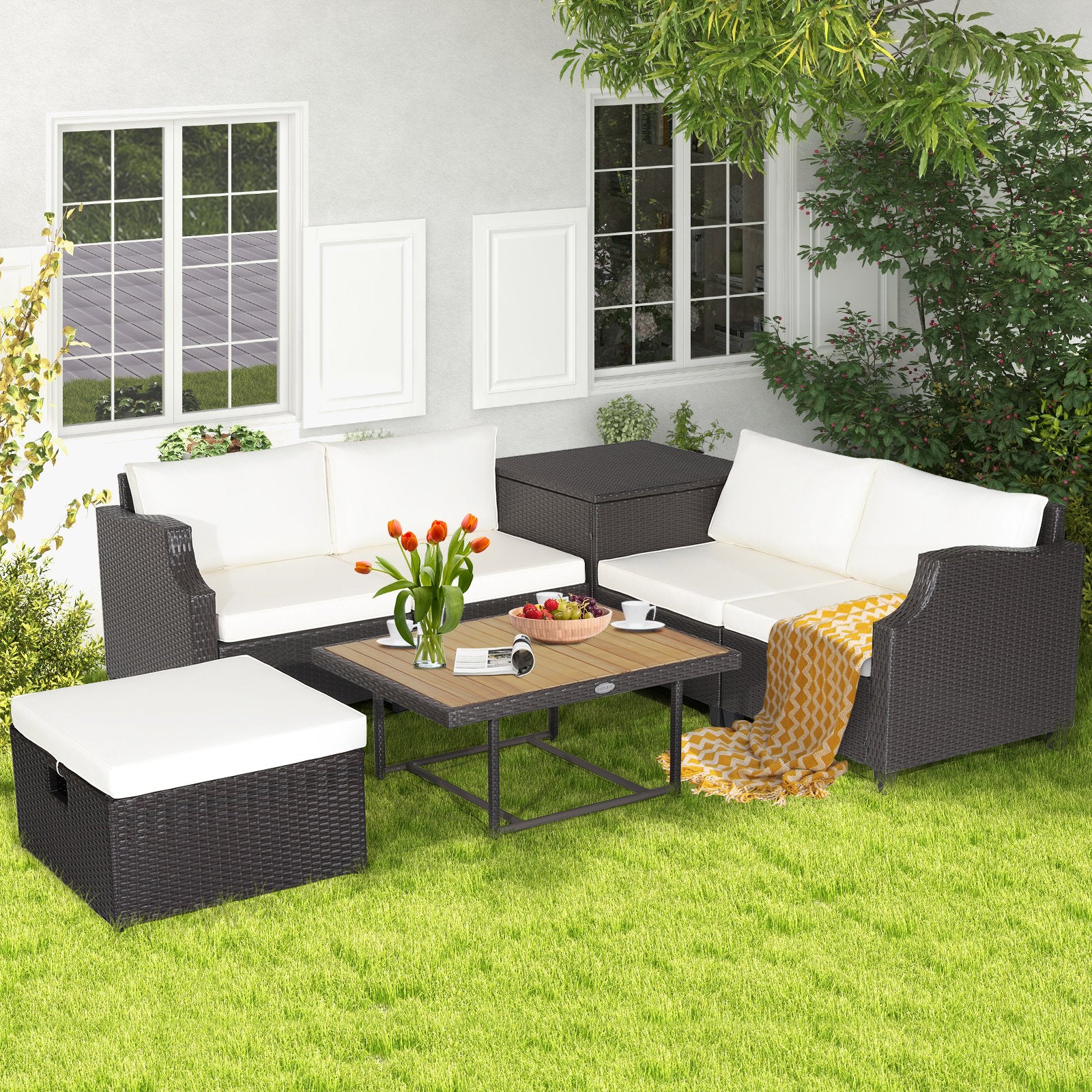 7 Pieces Hand-Woven Wicker Outdoor Furniture Set with Acacia Wood Coffee Table, White Outdoor Sectionals   at Gallery Canada