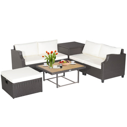 7 Pieces Hand-Woven Wicker Outdoor Furniture Set with Acacia Wood Coffee Table, White Outdoor Sectionals   at Gallery Canada