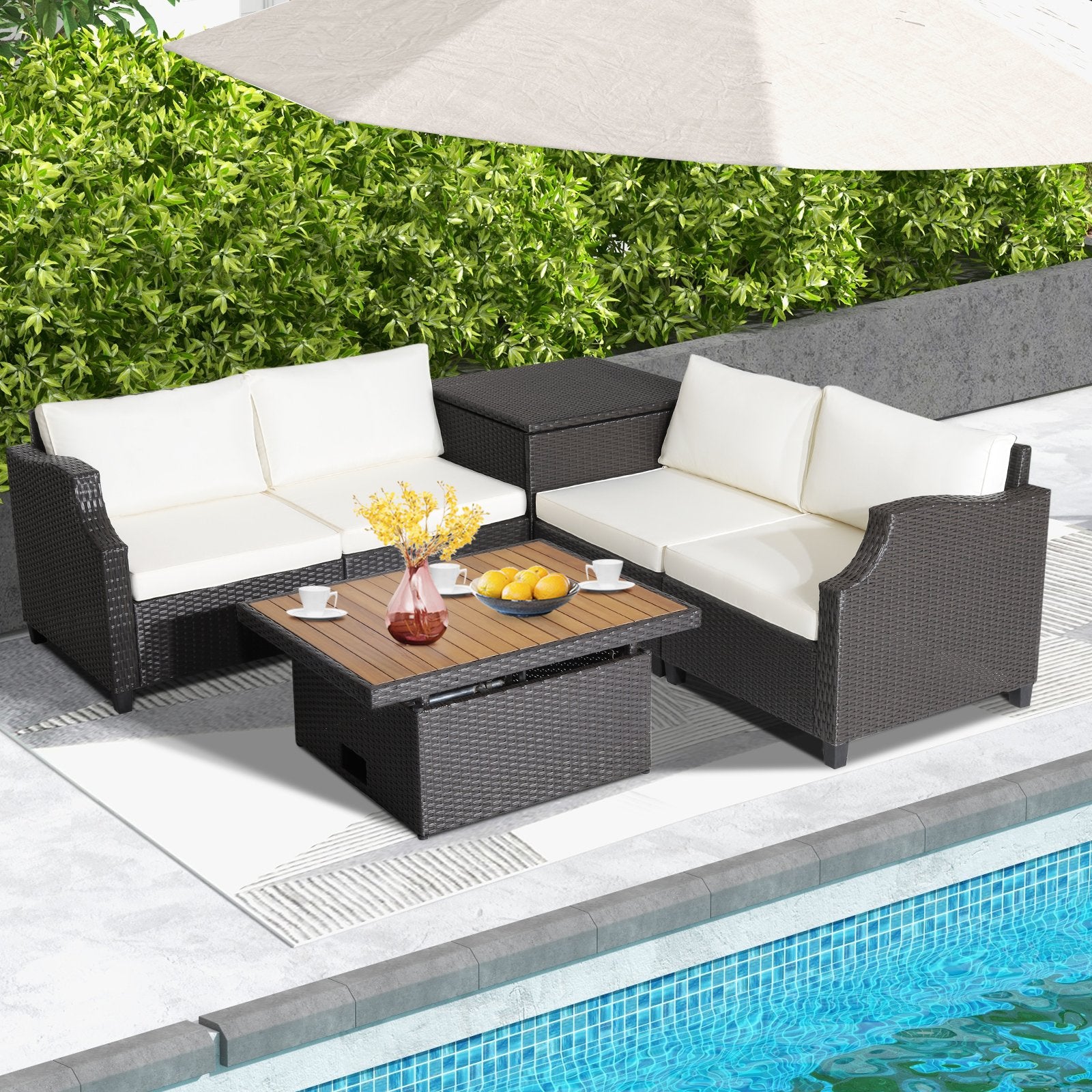 7 Pieces Hand-Woven Wicker Outdoor Furniture Set with Acacia Wood Coffee Table, White Outdoor Sectionals   at Gallery Canada