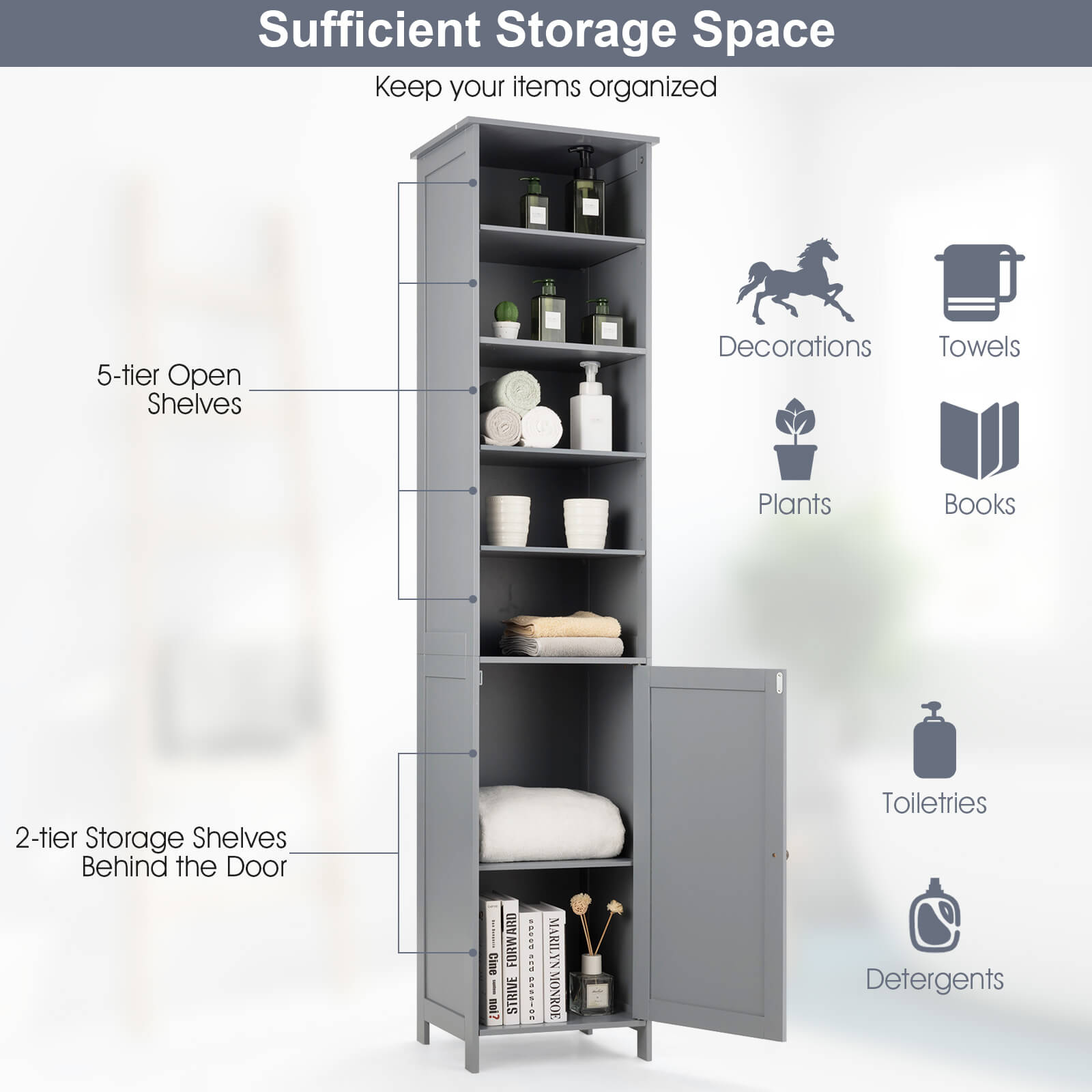 72 Inches Free Standing Tall Floor Bathroom Storage Cabinet, Gray - Gallery Canada