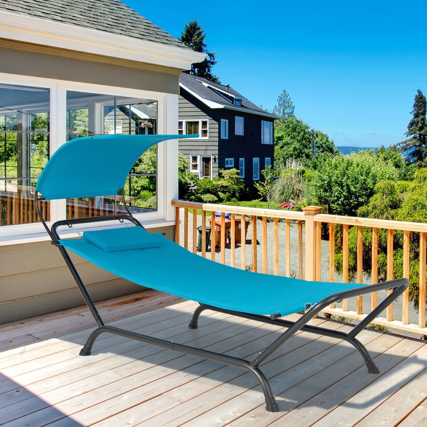 Patio Hanging Chaise Lounge Chair with Canopy Cushion Pillow and Storage Bag, Navy Outdoor Chaise Lounges   at Gallery Canada