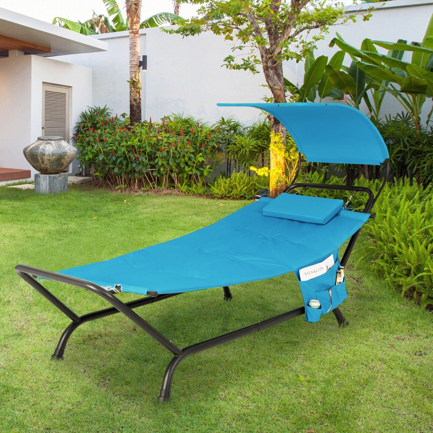 Patio Hanging Chaise Lounge Chair with Canopy Cushion Pillow and Storage Bag, Navy Outdoor Chaise Lounges   at Gallery Canada