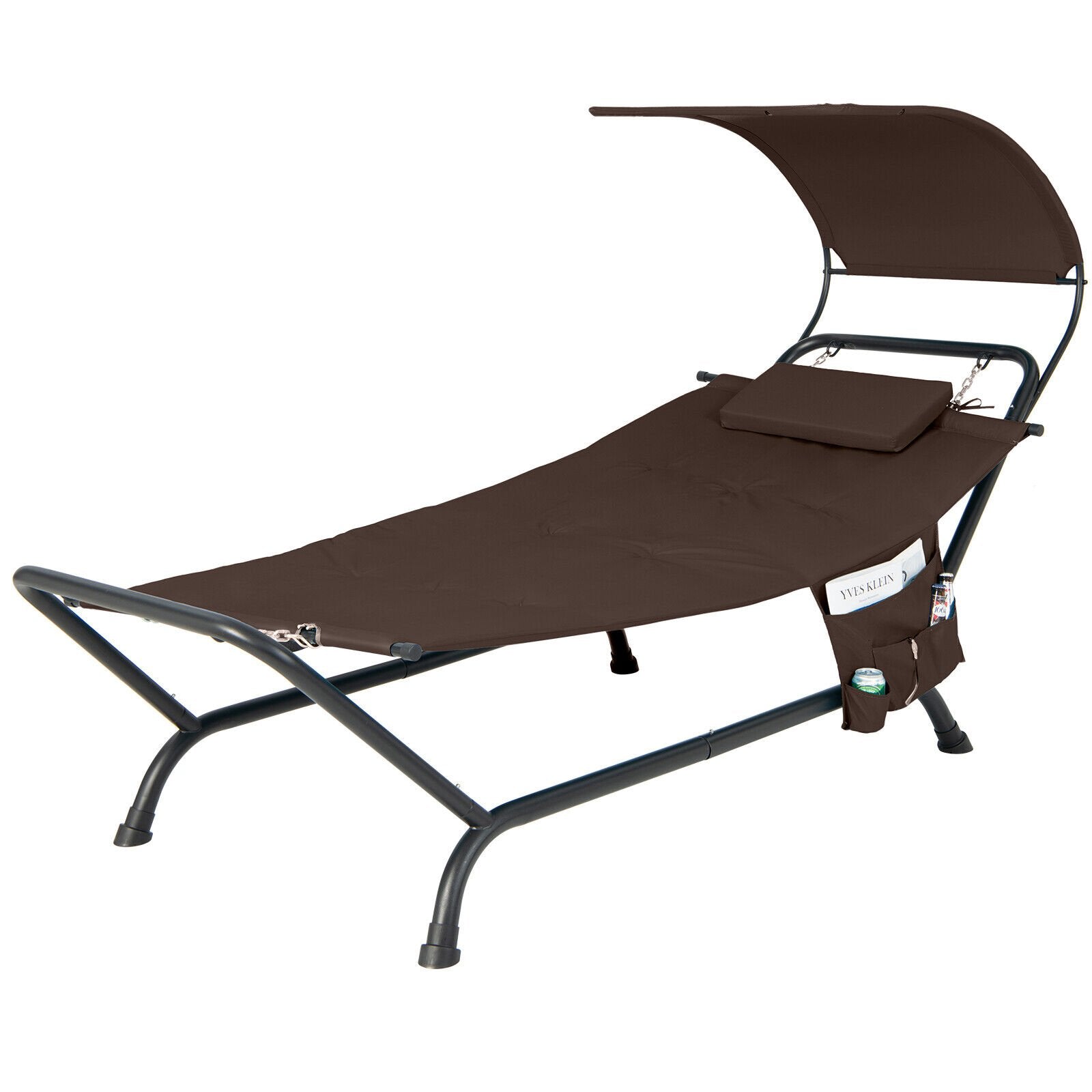 Patio Hanging Chaise Lounge Chair with Canopy Cushion Pillow and Storage Bag, Brown Outdoor Chaise Lounges   at Gallery Canada