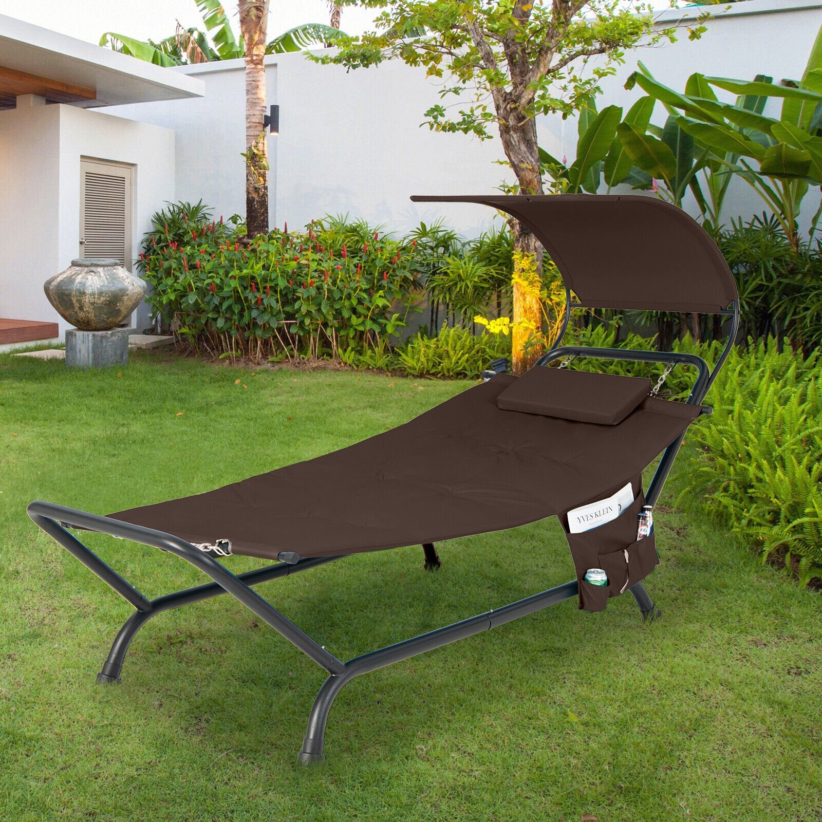 Patio Hanging Chaise Lounge Chair with Canopy Cushion Pillow and Storage Bag, Brown Outdoor Chaise Lounges   at Gallery Canada