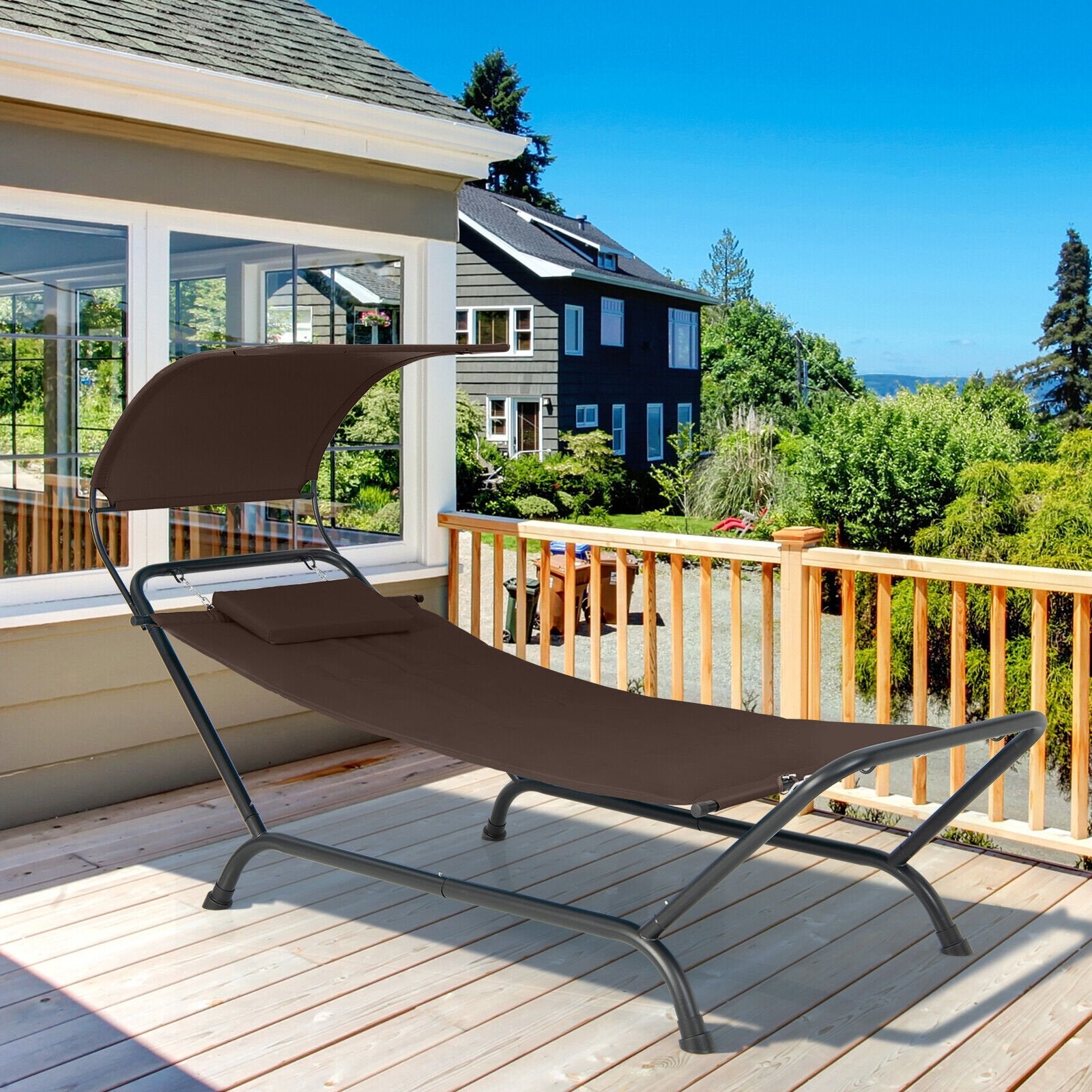 Patio Hanging Chaise Lounge Chair with Canopy Cushion Pillow and Storage Bag, Brown Outdoor Chaise Lounges   at Gallery Canada