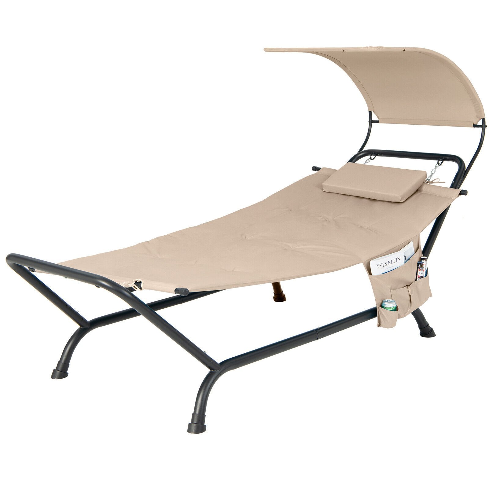 Patio Hanging Chaise Lounge Chair with Canopy Cushion Pillow and Storage Bag, Beige Outdoor Chaise Lounges   at Gallery Canada