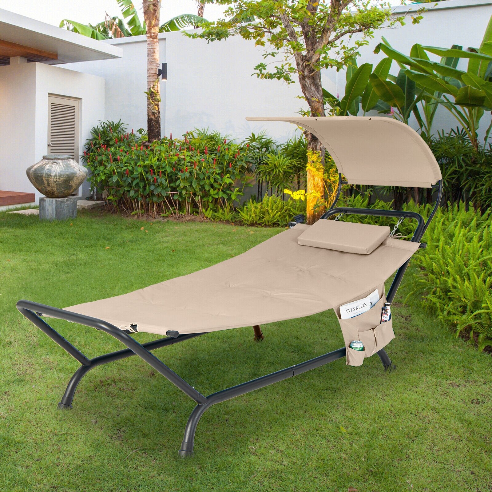 Patio Hanging Chaise Lounge Chair with Canopy Cushion Pillow and Storage Bag, Beige Outdoor Chaise Lounges   at Gallery Canada