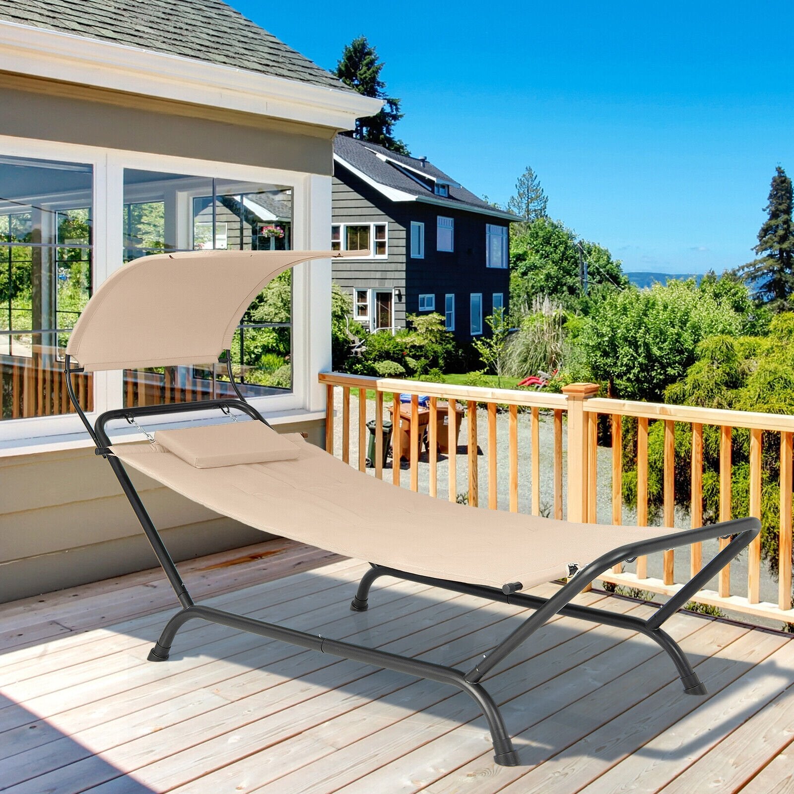 Patio Hanging Chaise Lounge Chair with Canopy Cushion Pillow and Storage Bag, Beige Outdoor Chaise Lounges   at Gallery Canada