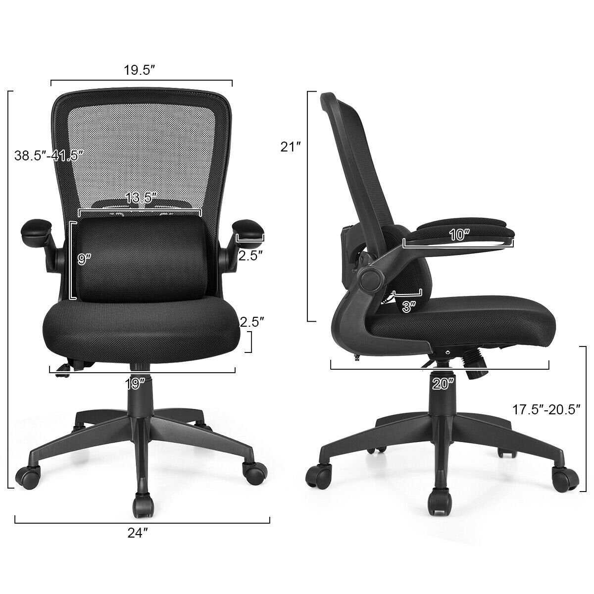 Ergonomic Desk Chair with Lumbar Support and Flip up Armrest, Black Ergonomic Chairs   at Gallery Canada