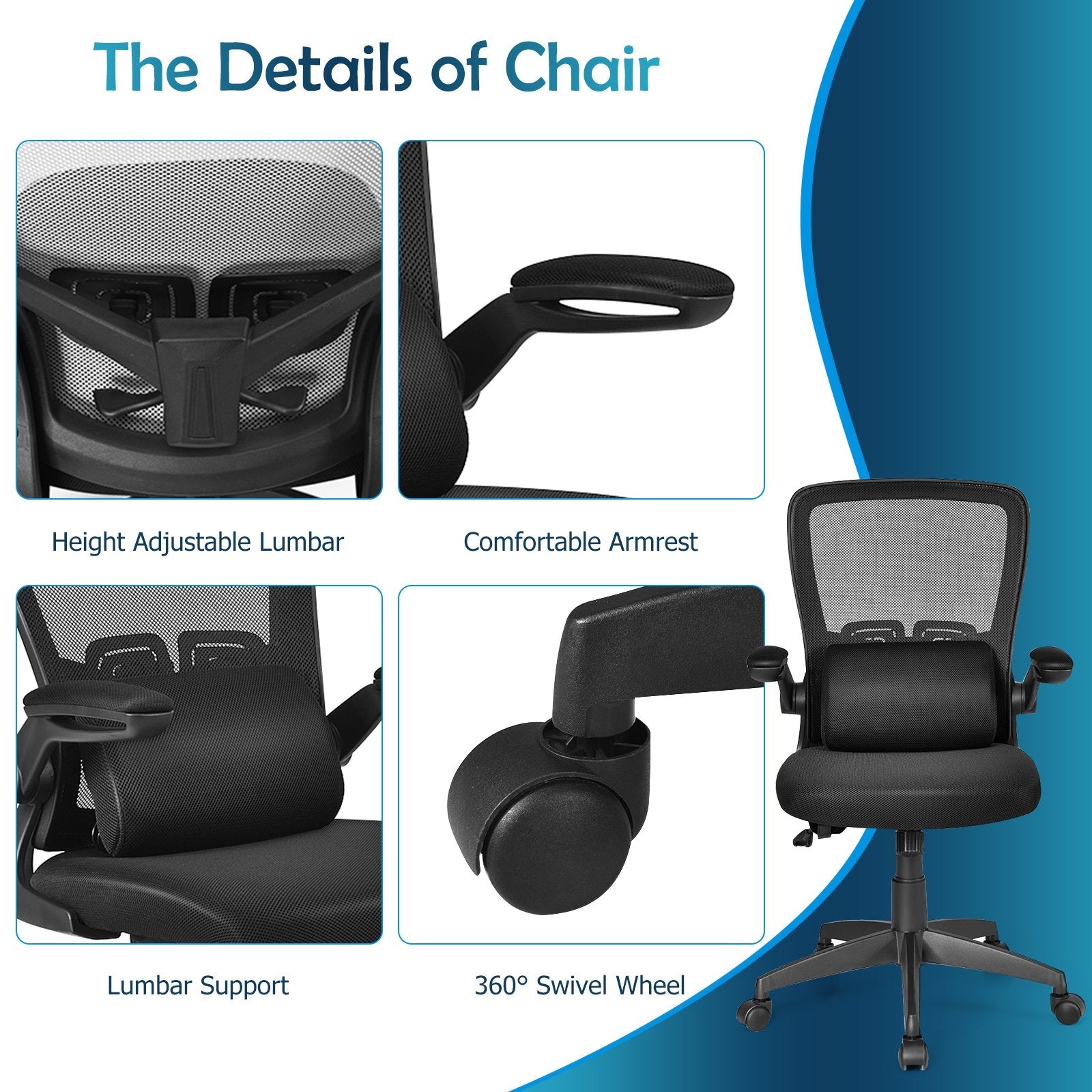 Ergonomic Desk Chair with Lumbar Support and Flip up Armrest, Black Ergonomic Chairs   at Gallery Canada