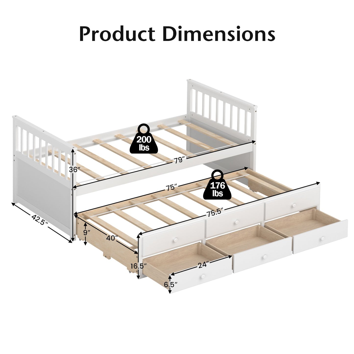 Twin Captain’s Bed with Trundle Bed with 3 Storage Drawers, White Trundle Bed Frame   at Gallery Canada