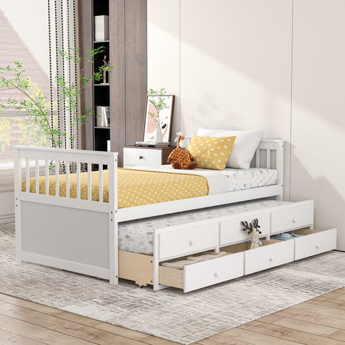 Twin Captain’s Bed with Trundle Bed with 3 Storage Drawers, White