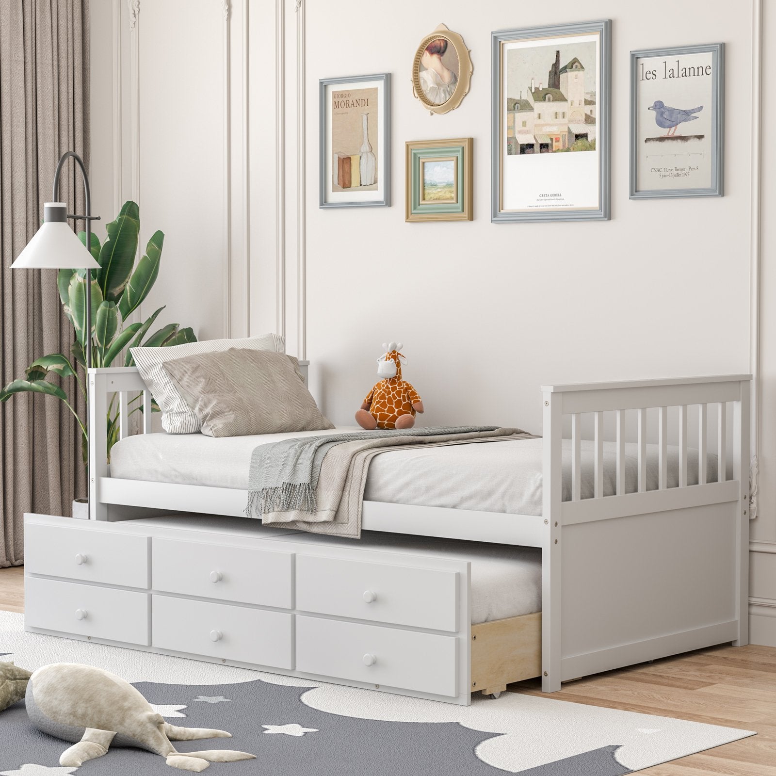 Twin Captain’s Bed with Trundle Bed with 3 Storage Drawers, White Trundle Bed Frame   at Gallery Canada