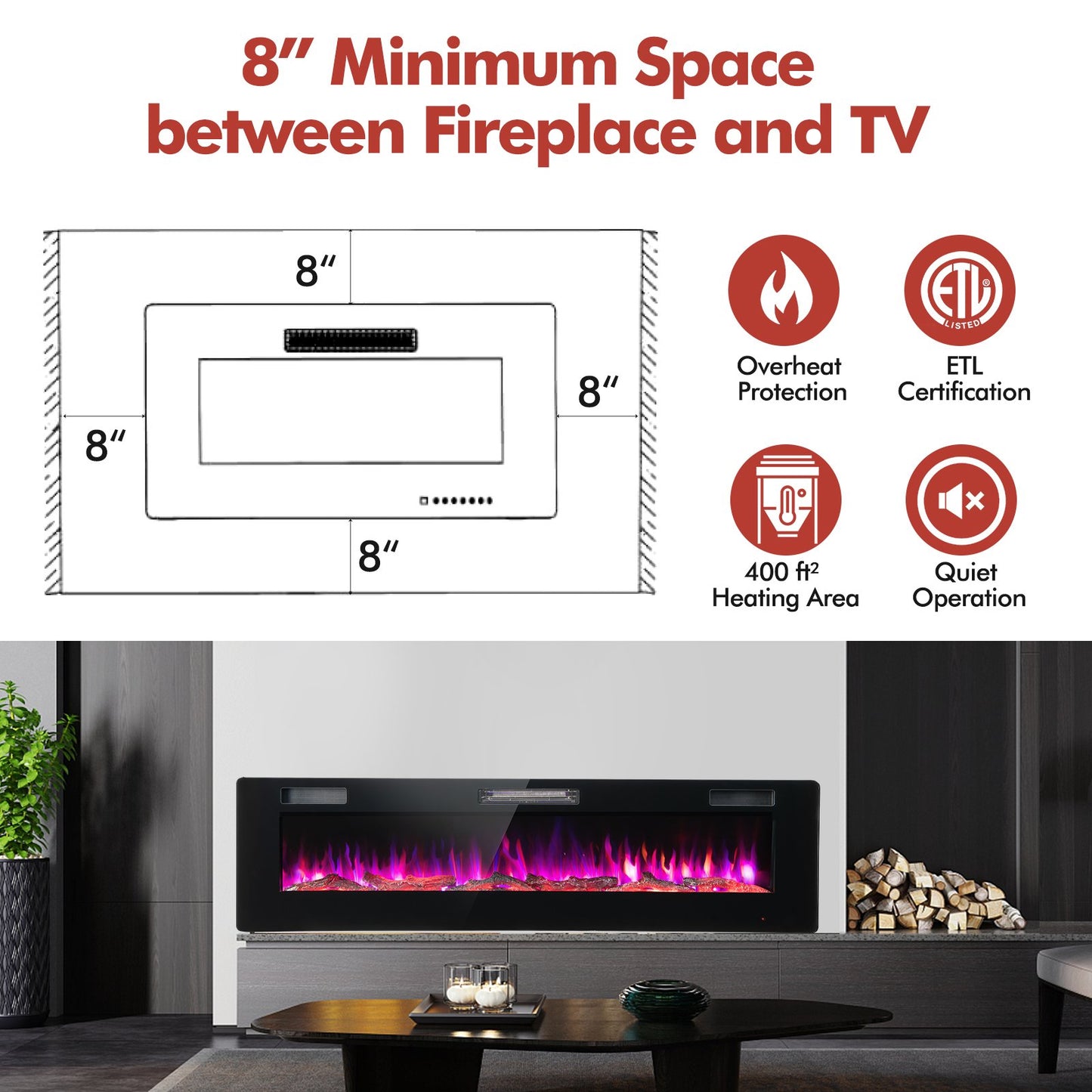 60 Inches Ultra-thin Electric Fireplace with Remote Control and Timer Function, Black - Gallery Canada