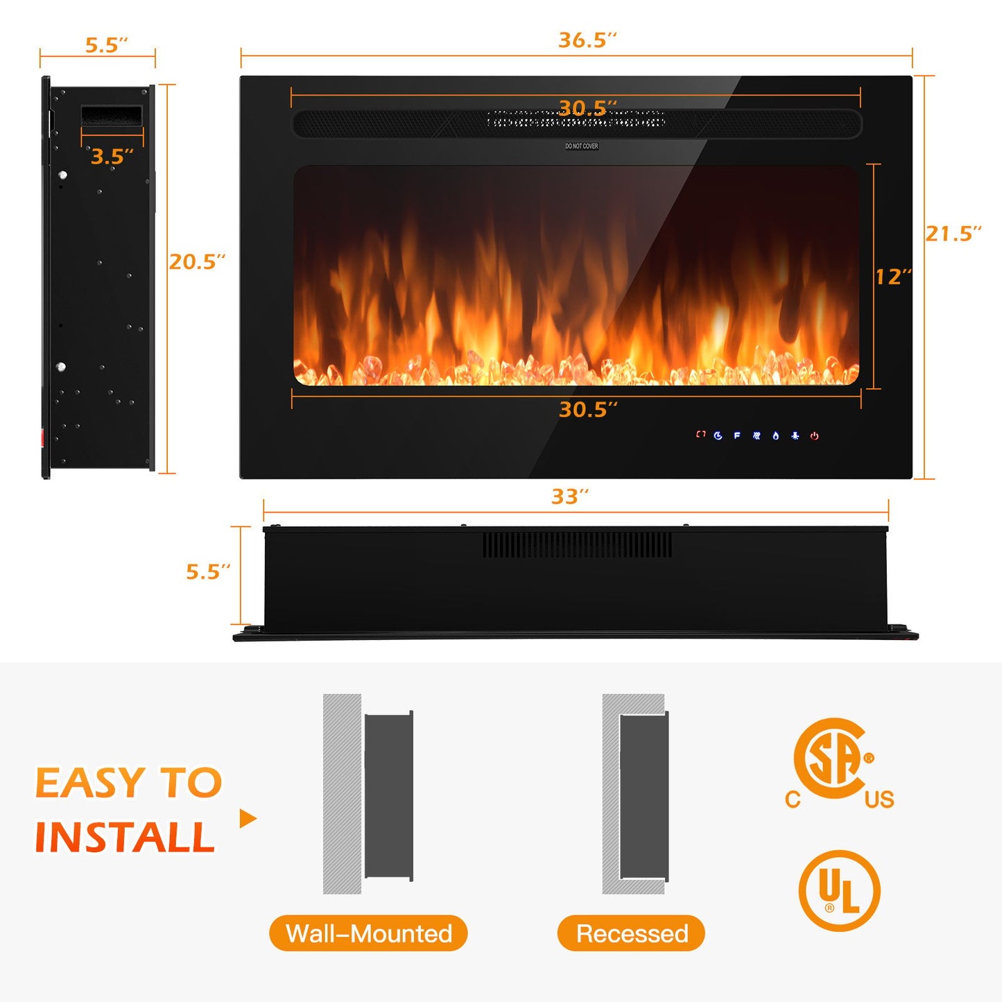 36 Inch Electric Fireplace Insert Wall Mounted with Timer, Black - Gallery Canada