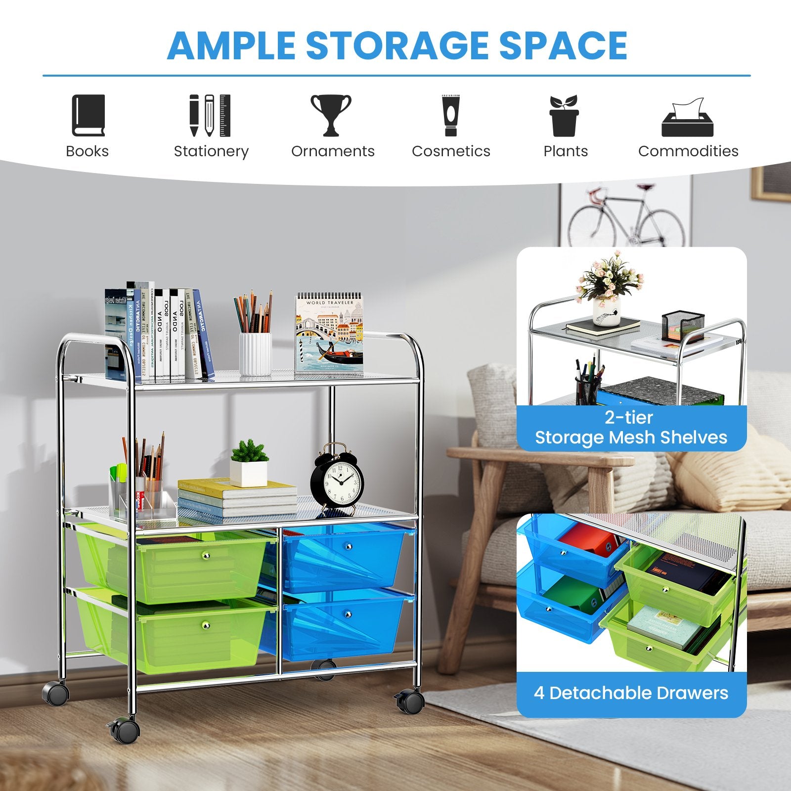 4 Drawers Rolling Storage Cart, Blue & Green File Cabinets   at Gallery Canada