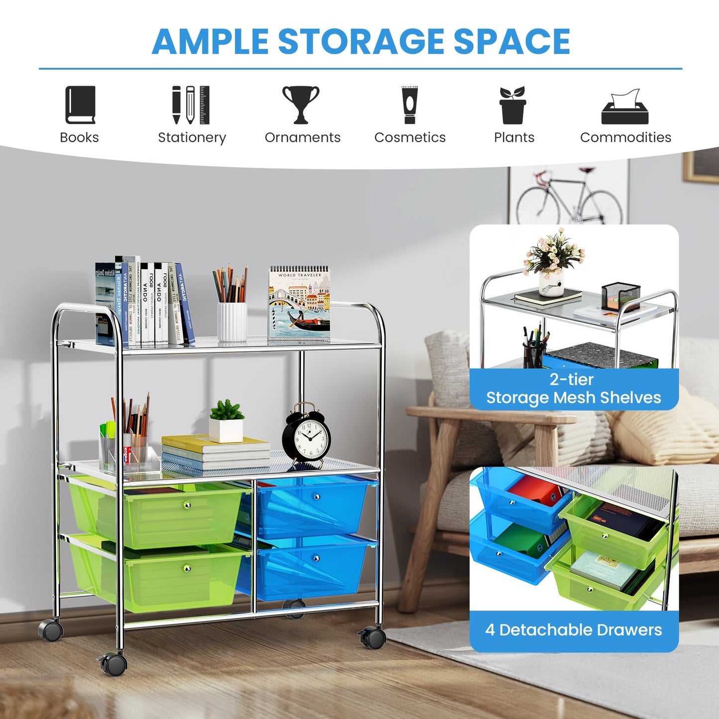 4 Drawers Rolling Storage Cart, Blue & Green File Cabinets   at Gallery Canada