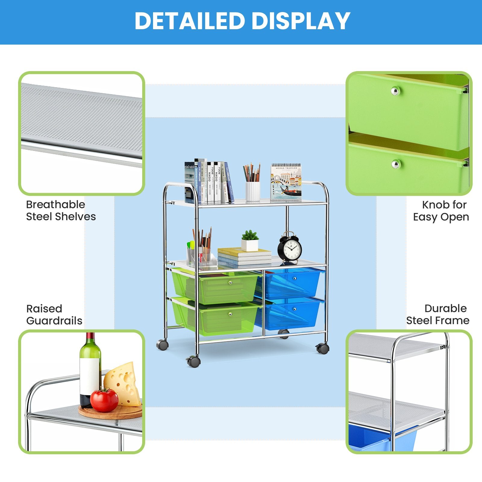 4 Drawers Rolling Storage Cart, Blue & Green File Cabinets   at Gallery Canada