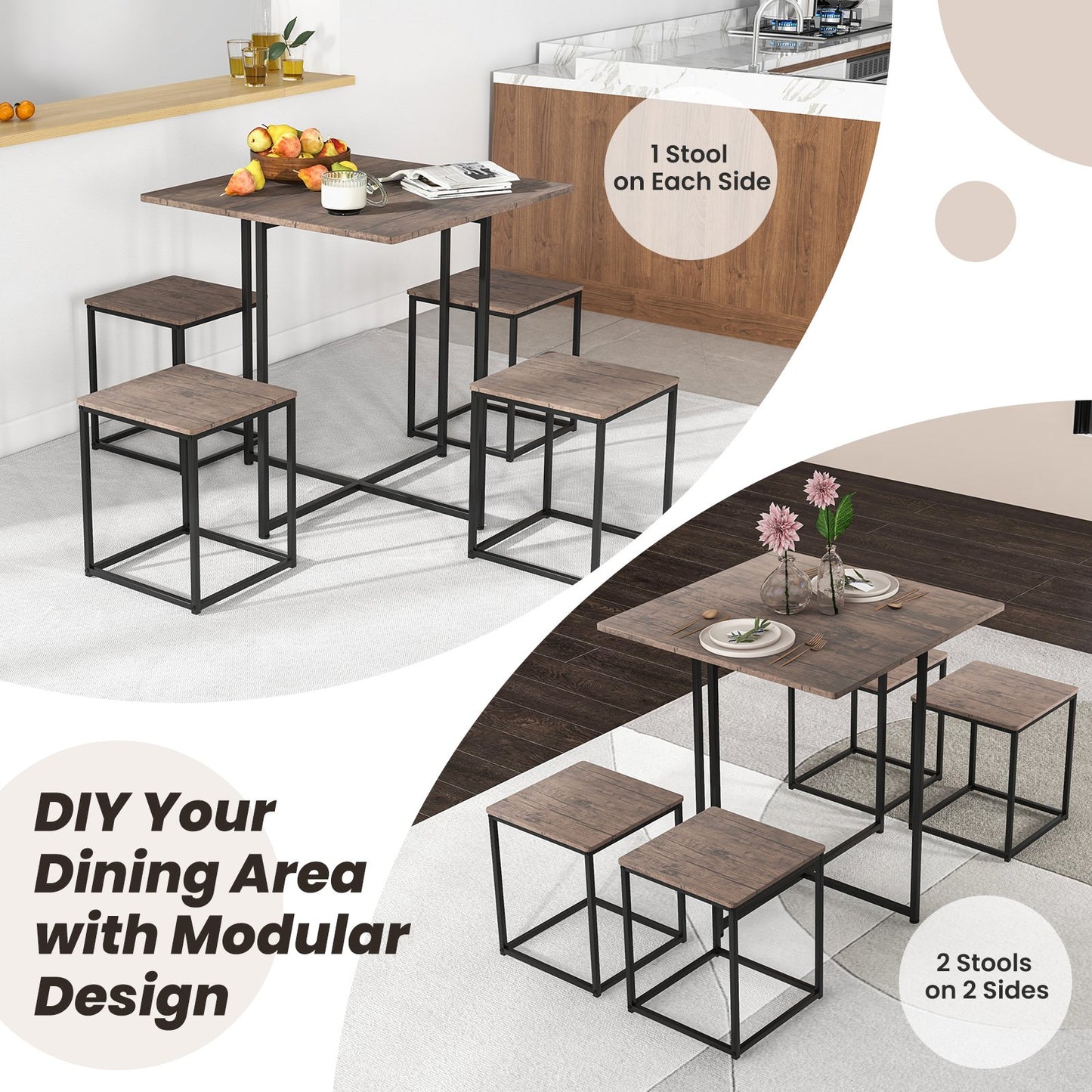 5 Piece Dining Table Set with 4 Stools, Gray - Gallery Canada