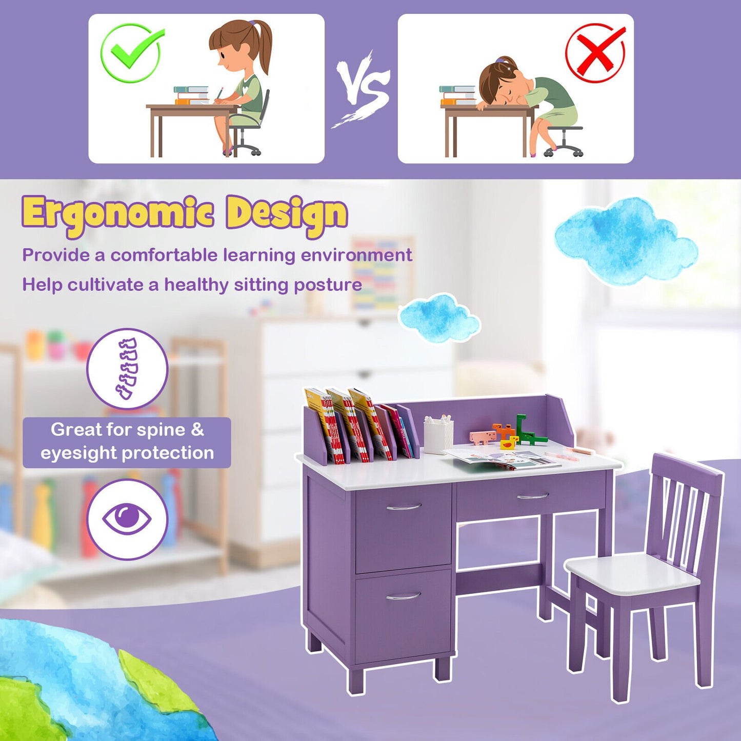 Kids Wooden Writing Furniture Set with Drawer and Storage Cabinet, Purple - Gallery Canada